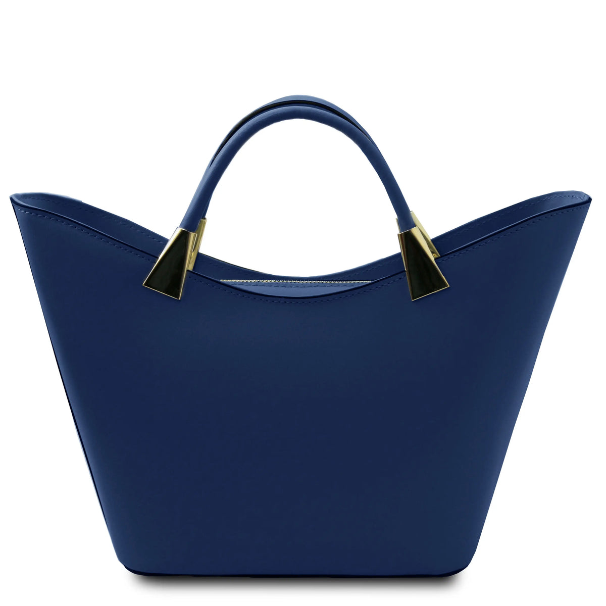 A structured dark blue tote bag with dual top handles and gold-tone triangular hardware, shown on a clean white background.