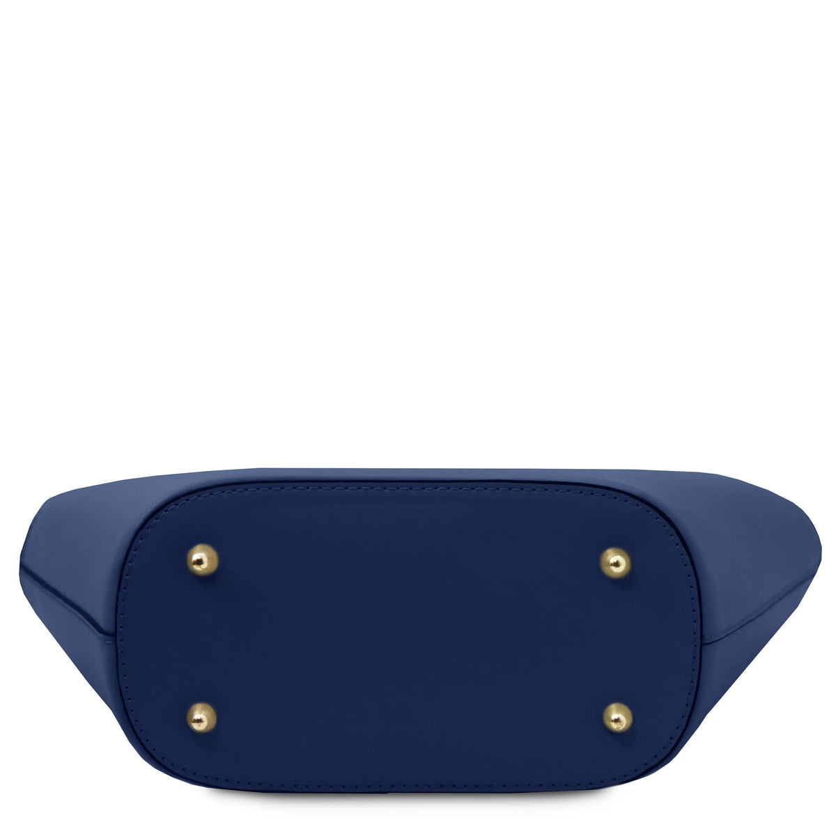 The bottom view of a dark blue leather belt bag, showing the base with four gold-tone metal studs on a plain white background.