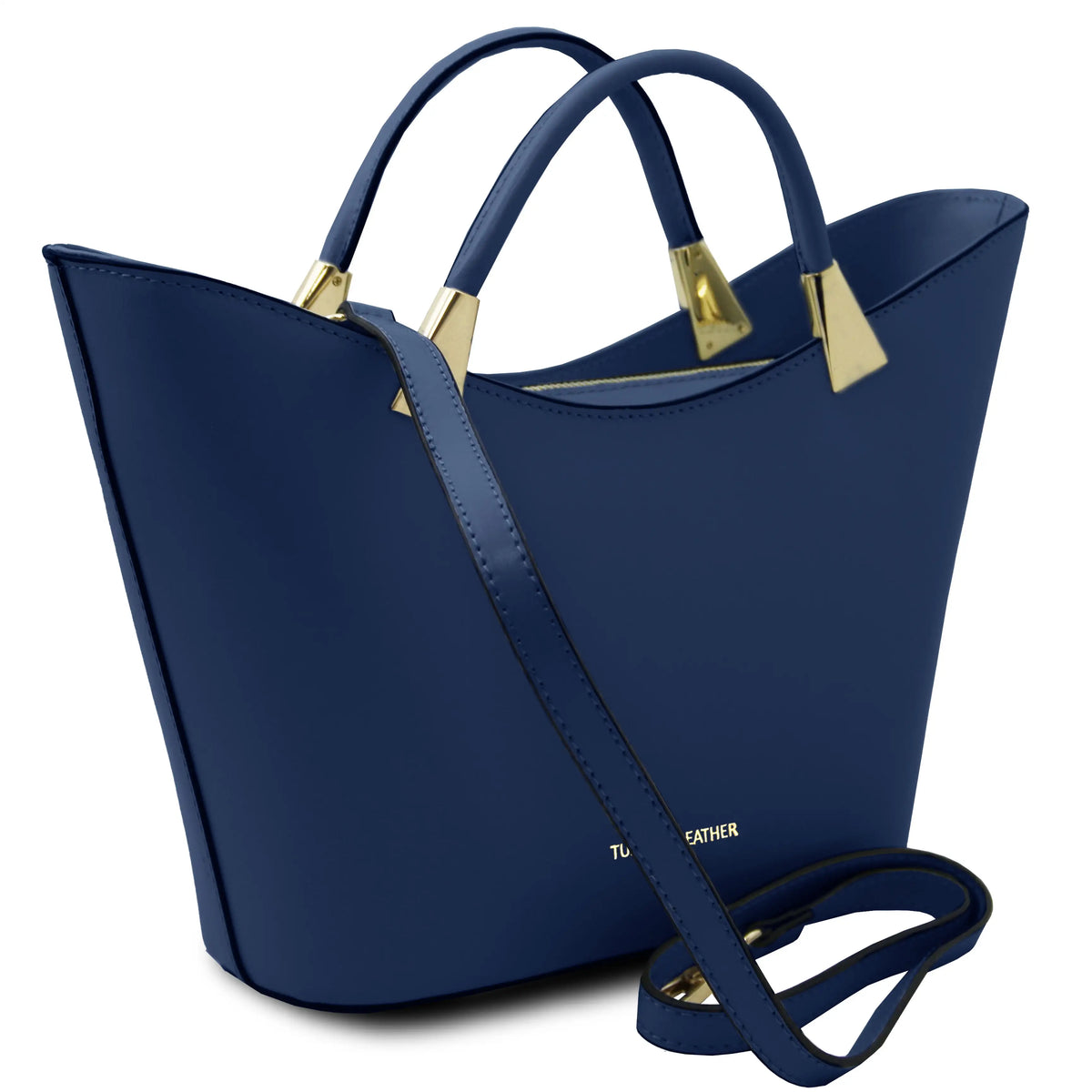 A dark blue leather tote bag with gold-tone hardware, featuring dual top handles and a detachable shoulder strap, shown on a clean white background.