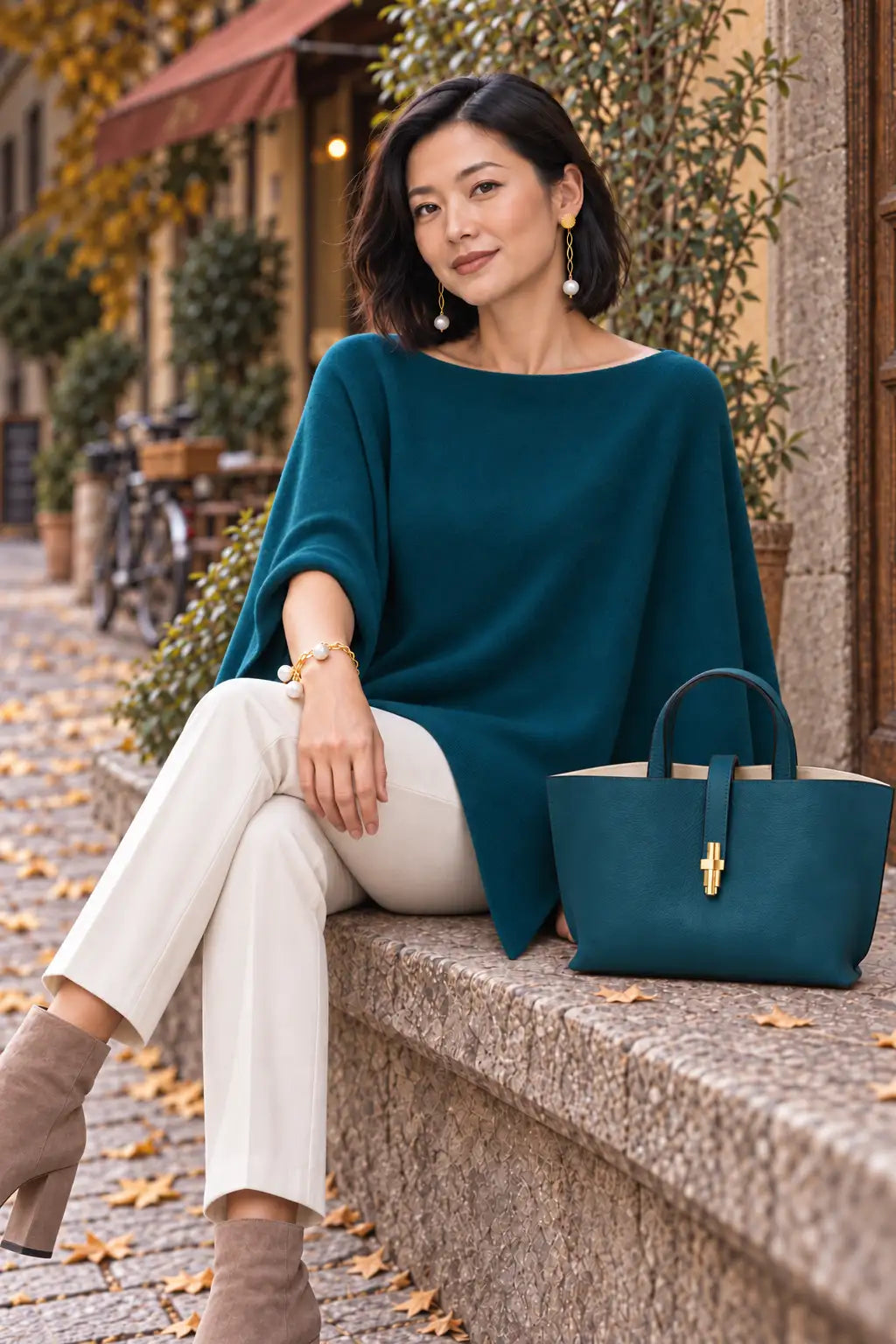A woman sits on a stone ledge in an outdoor street setting, wearing a teal wide-neck top and cream pants, with a matching teal handbag beside her.