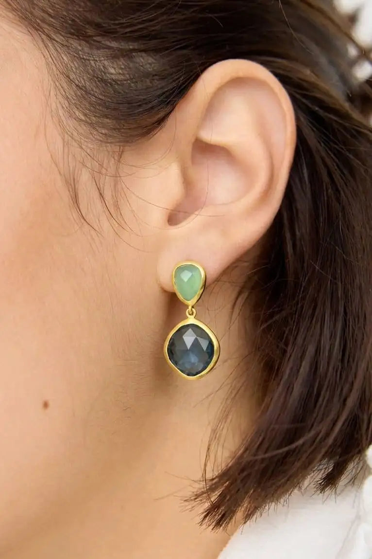 Close up left profile of a woman wearing the Daleyza Drop Earrings with Blue Iolite & Aqua Chalcedony.