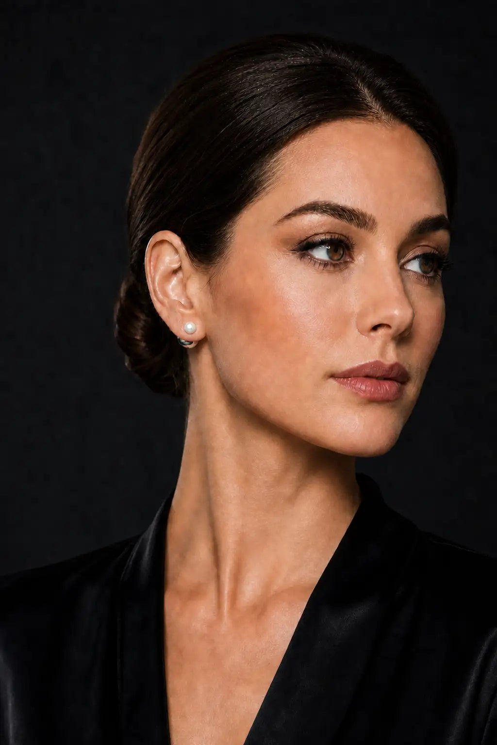 A woman with dark hair styled in a low bun wears a small, delicate white pearl stud earring. She is wearing a black silk shirt against a dark, textured studio background.