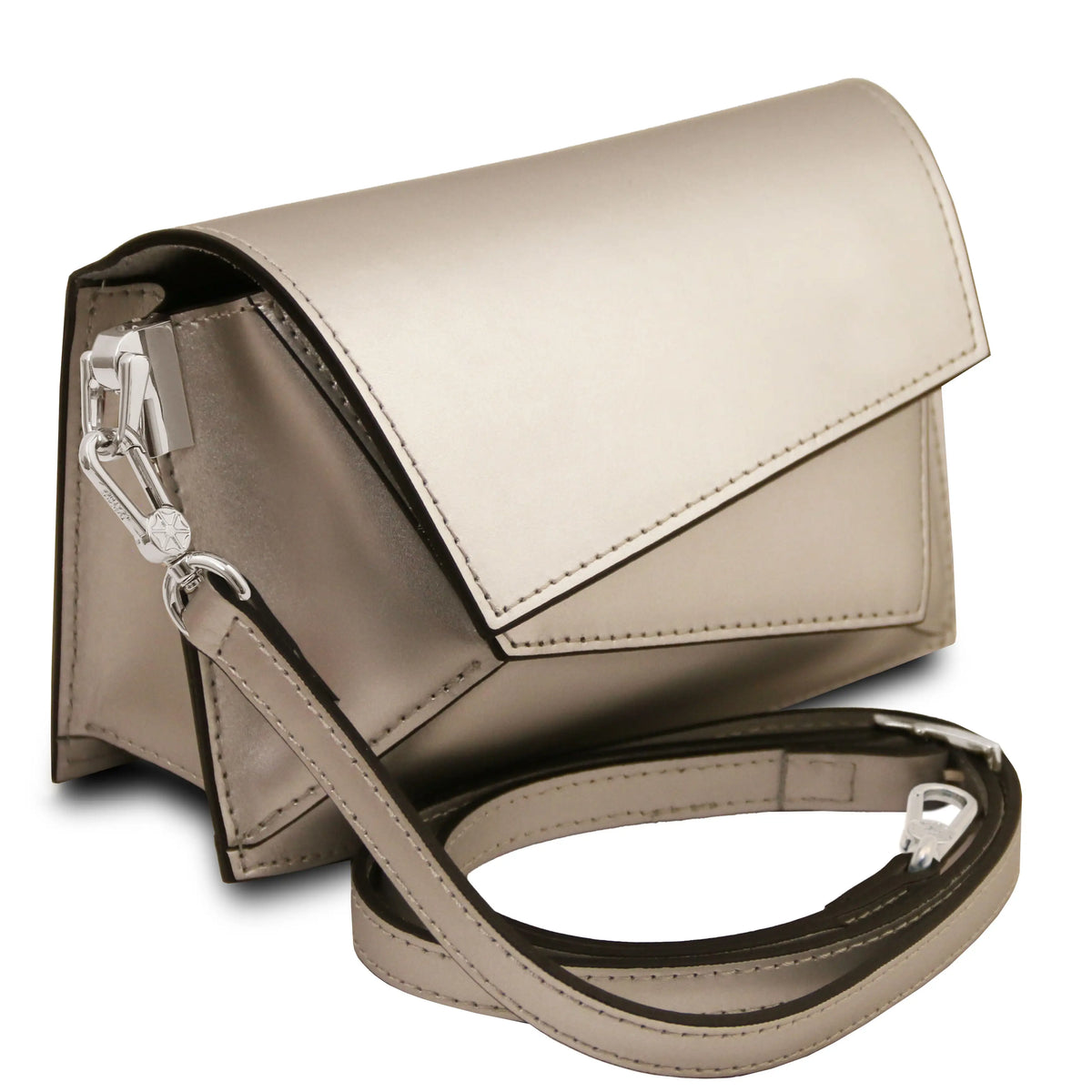 A metallic champagne gold crossbody handbag with a matching adjustable shoulder strap, displayed on a clean white background.
