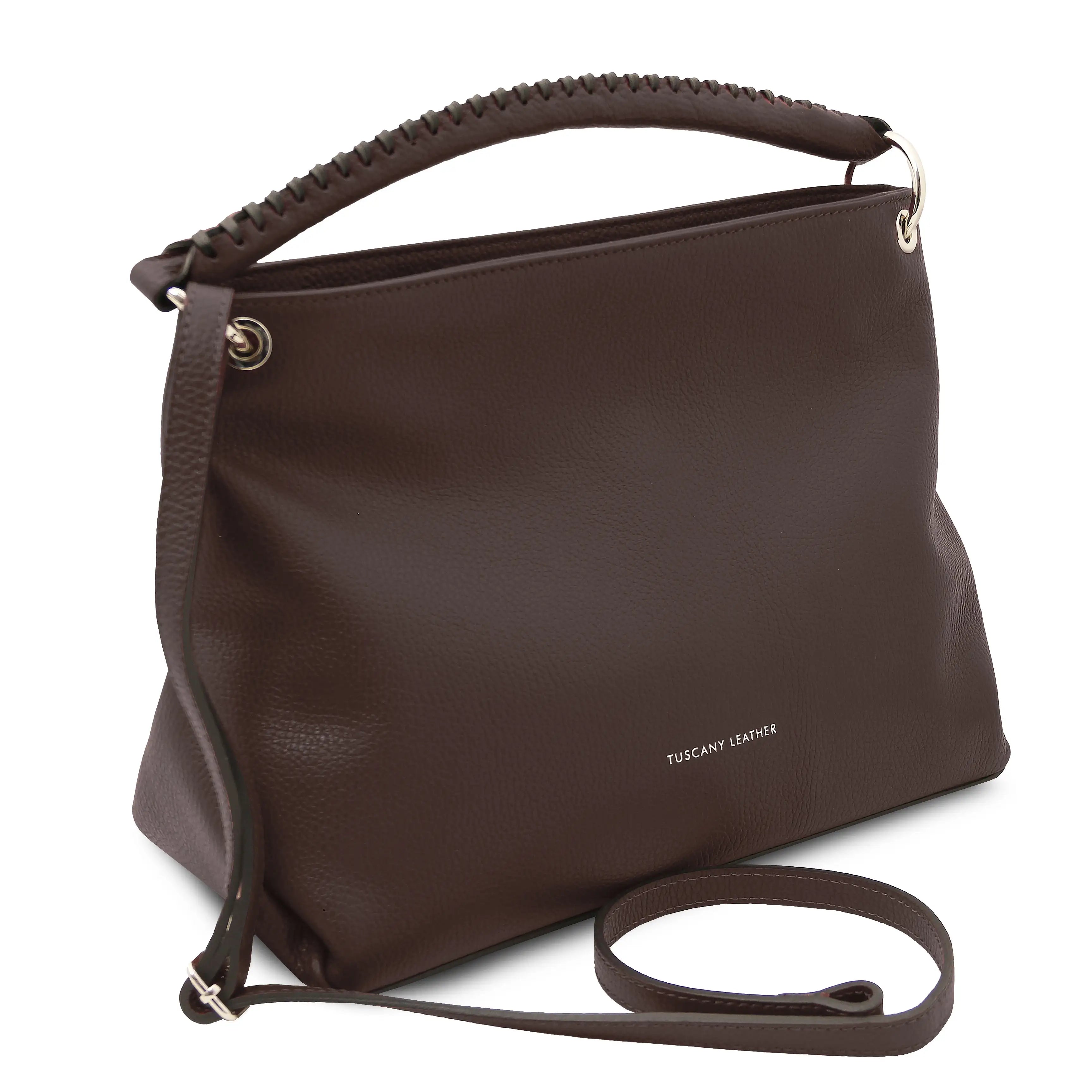 Front Side view TL Bag Soft Leather Handbag in Chocolate with shoulder strap