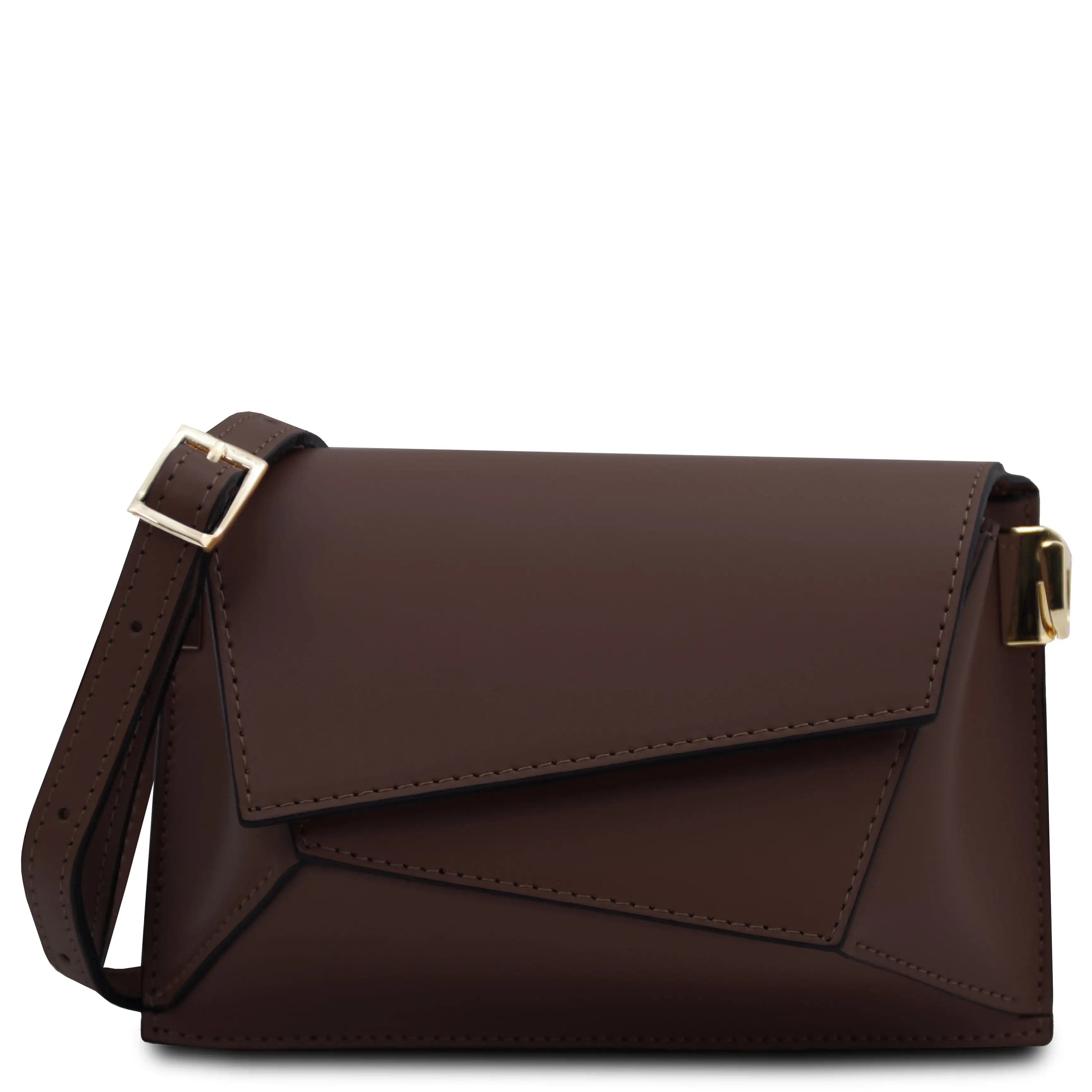 A chocolate leather crossbody bag with a flap closure, gold-tone buckle details, and a matching shoulder strap, shown on a plain white background.