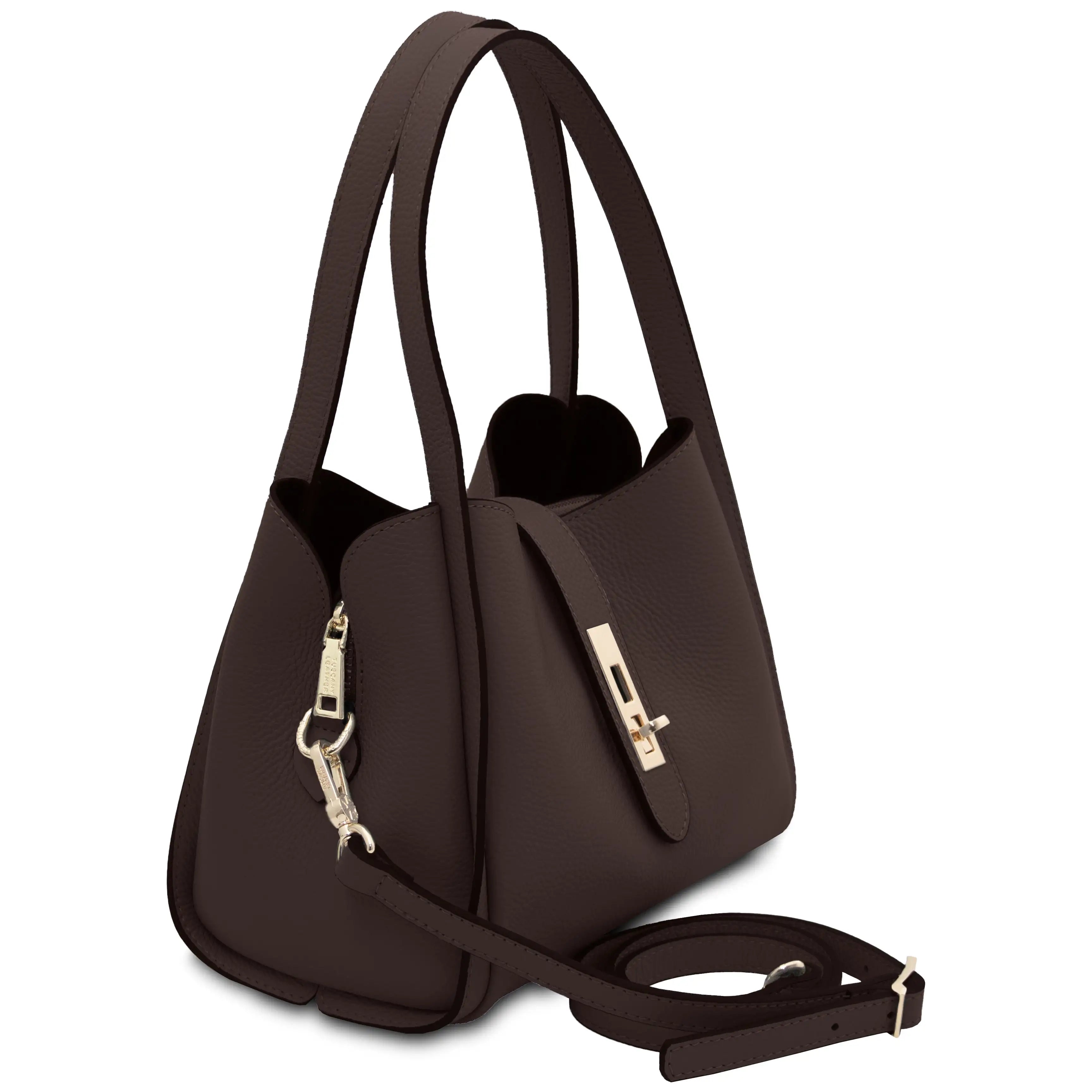 A dark brown pebbled leather handbag with dual top handles, a detachable shoulder strap, and gold-tone hardware, shown on a plain white background.
