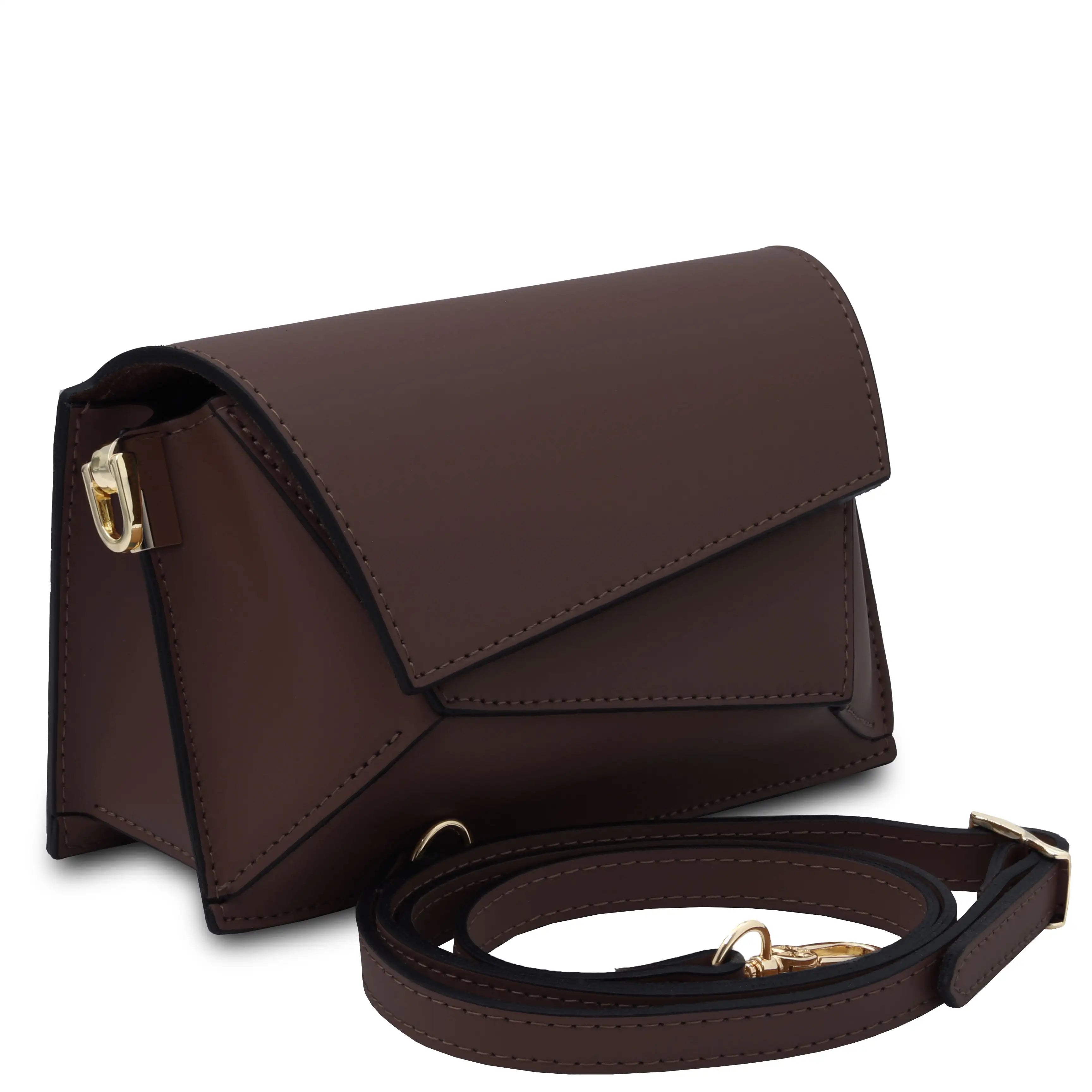 A chocolate leather crossbody bag with a removable strap on a white background
