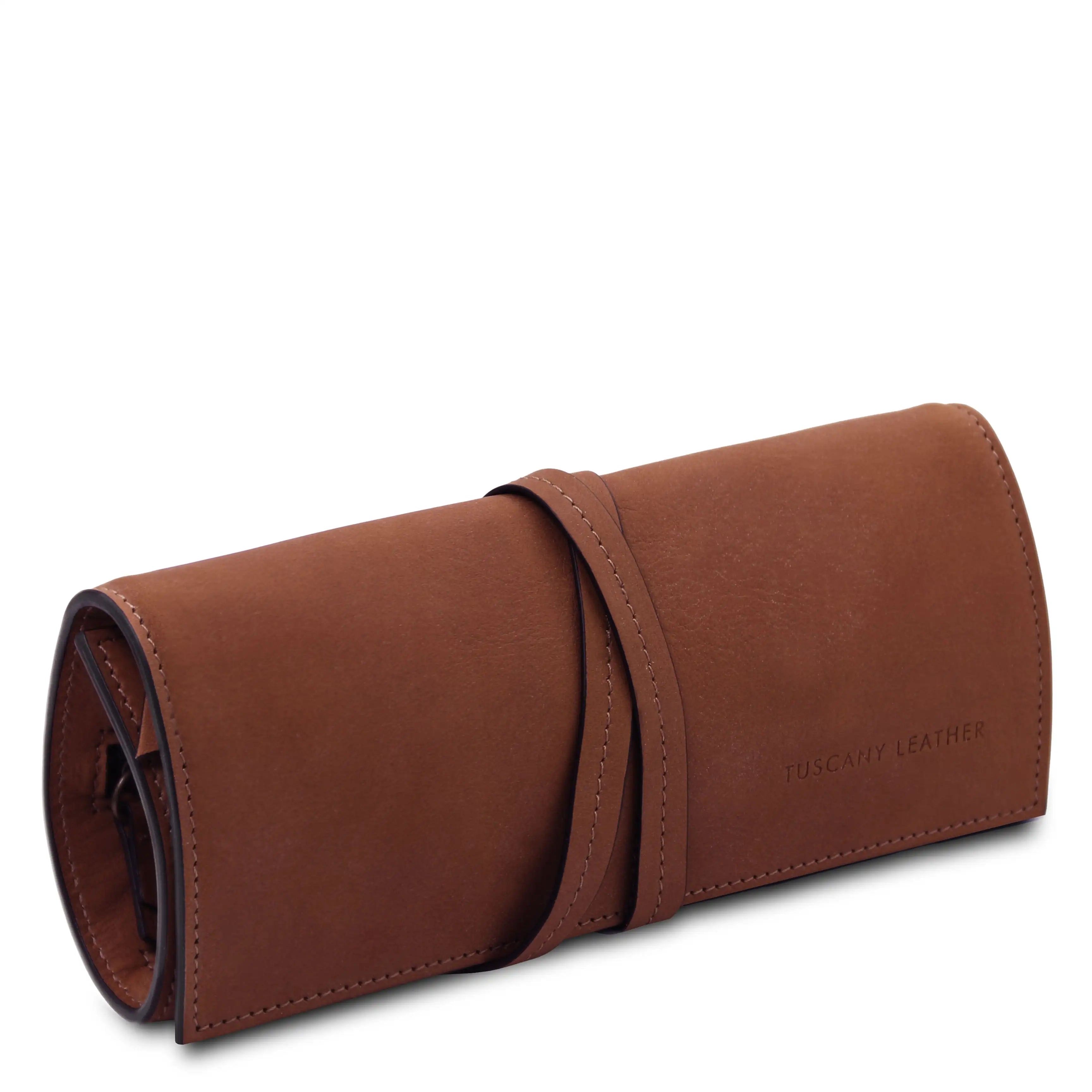 Front side angle view Structured Italian Leather Jewelry Case in brown