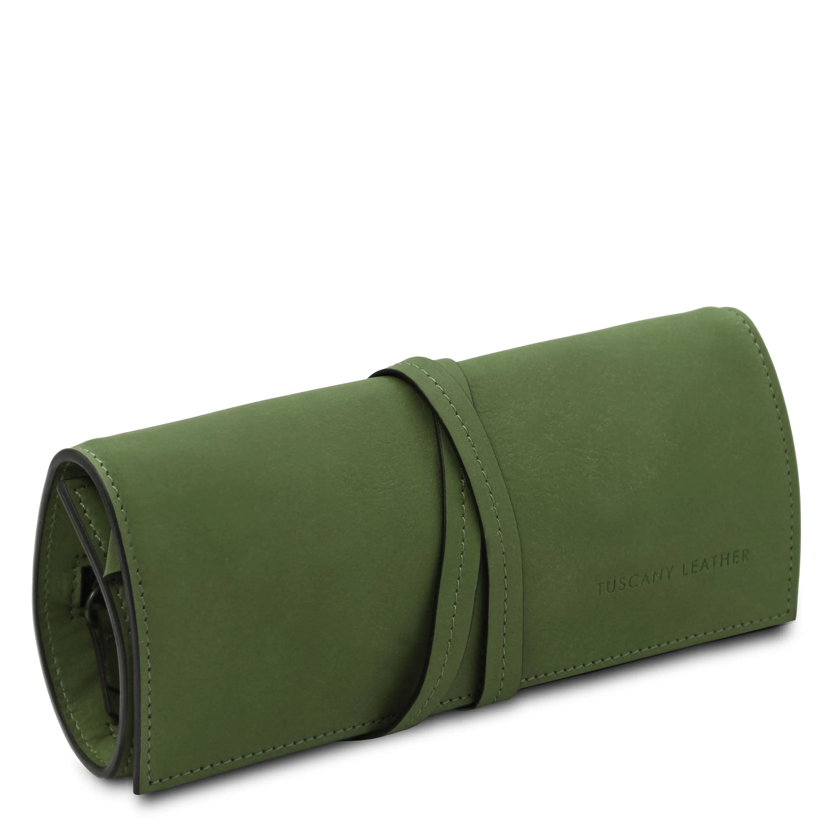 Front side angle view Structured Italian Leather Jewelry Case in green
