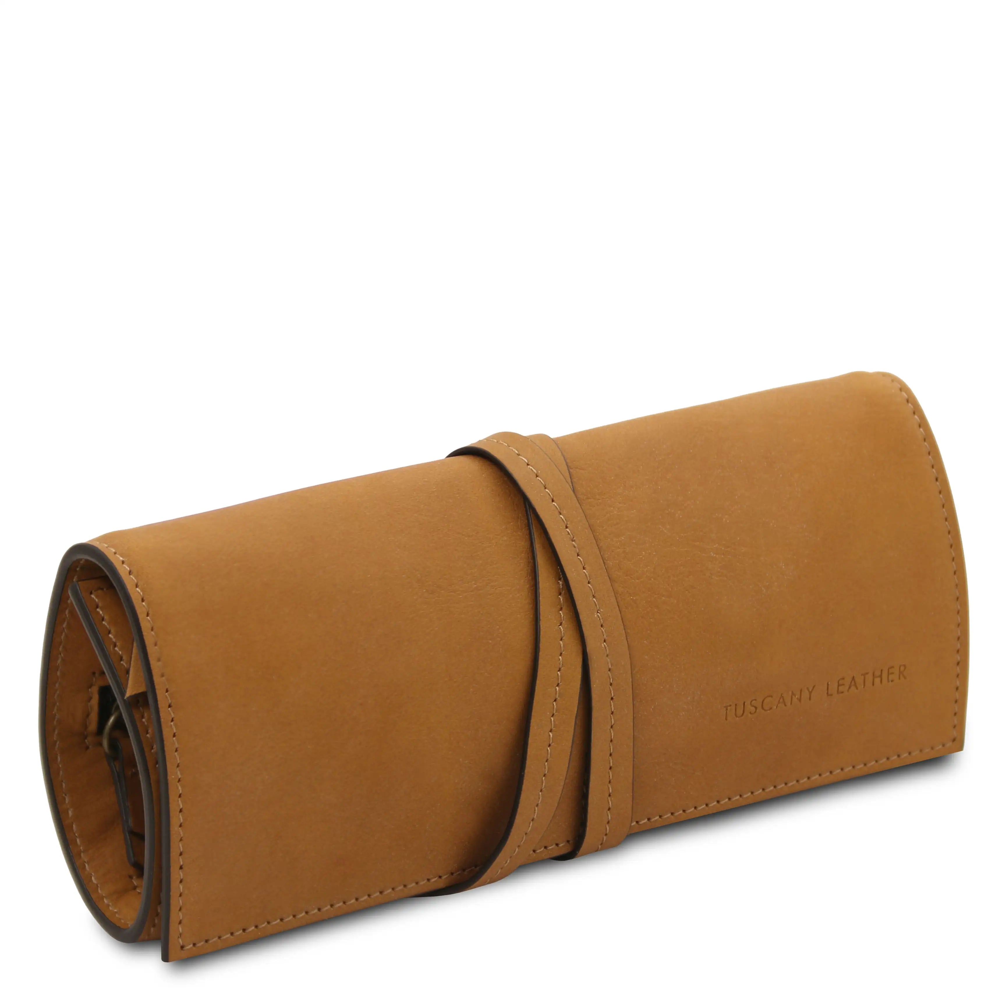 Front side angle view Structured Italian Leather Jewelry Case in natural