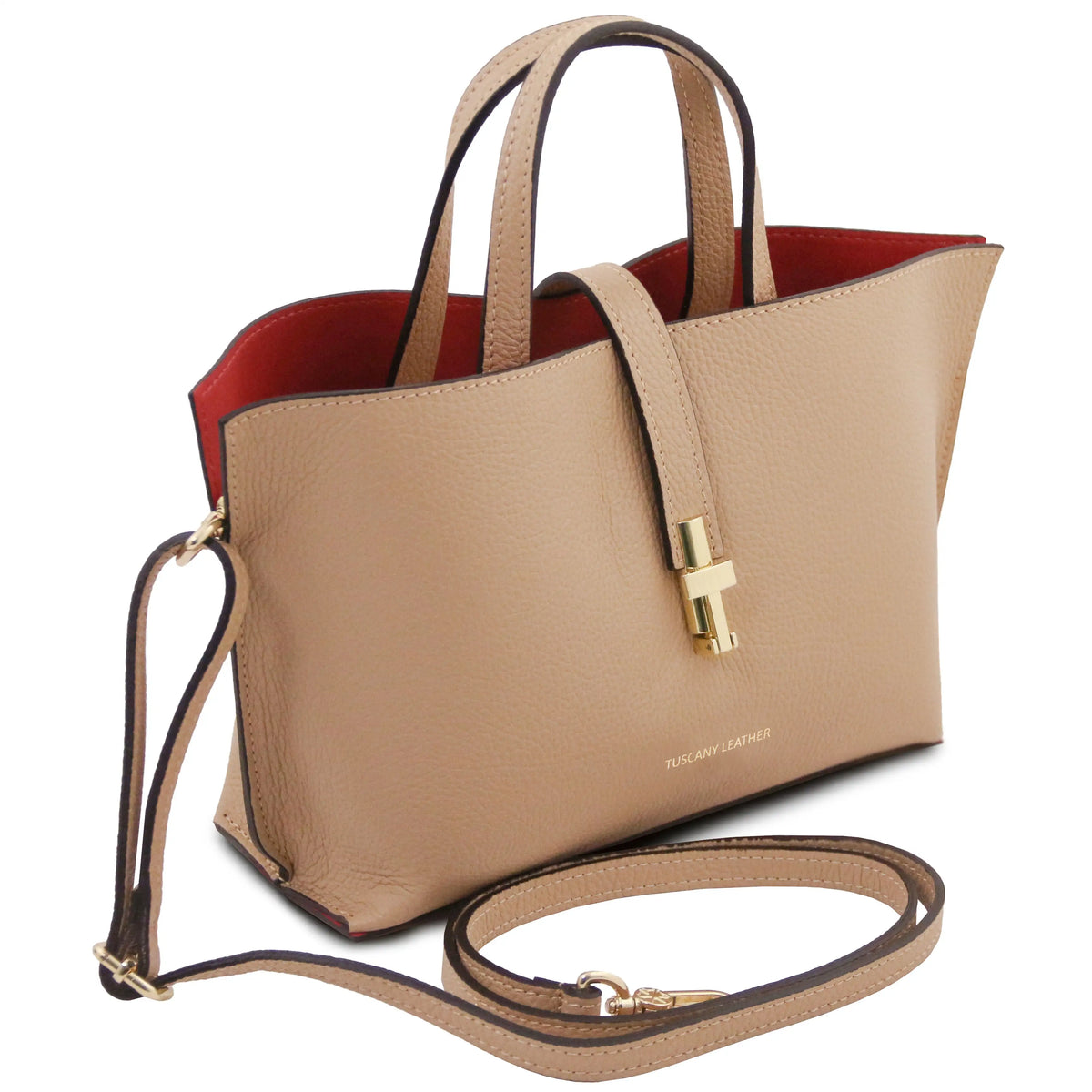 Front view Agatha Leather Handbag with shoulder strap in caramel