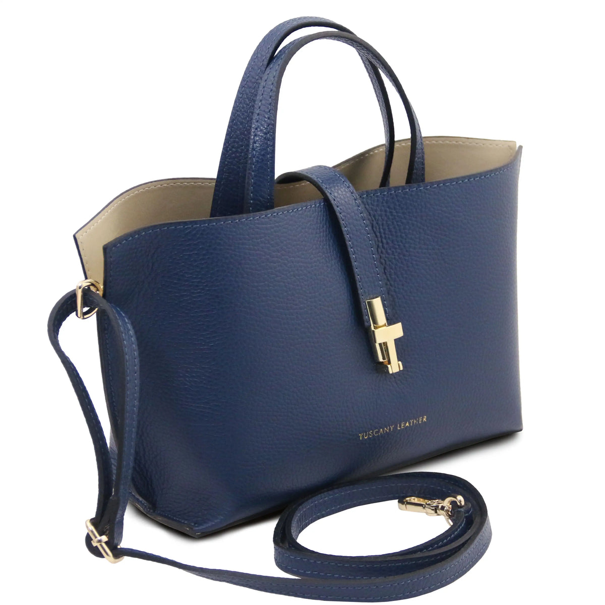 Front view Agatha Leather Handbag with shoulder strap in daek blue