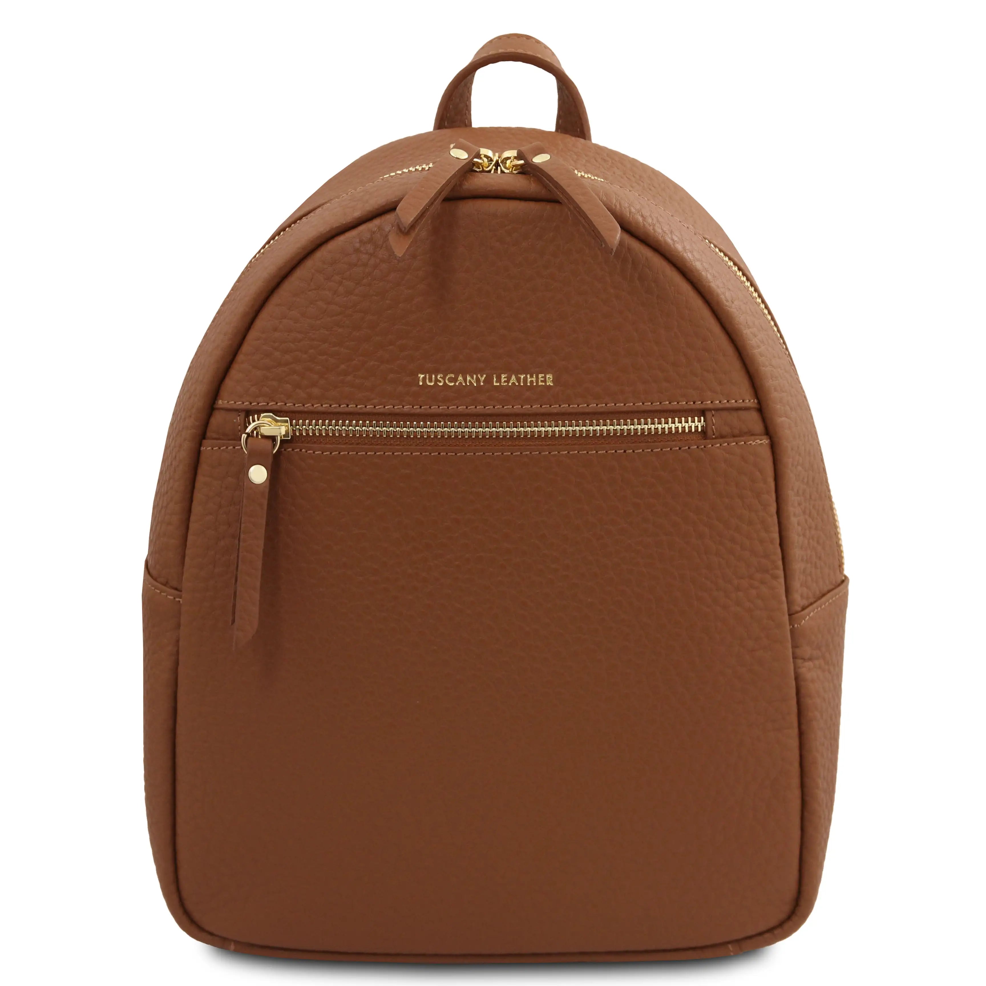 Front view Arco Italian Pebbled Leather Backpack in Cognac