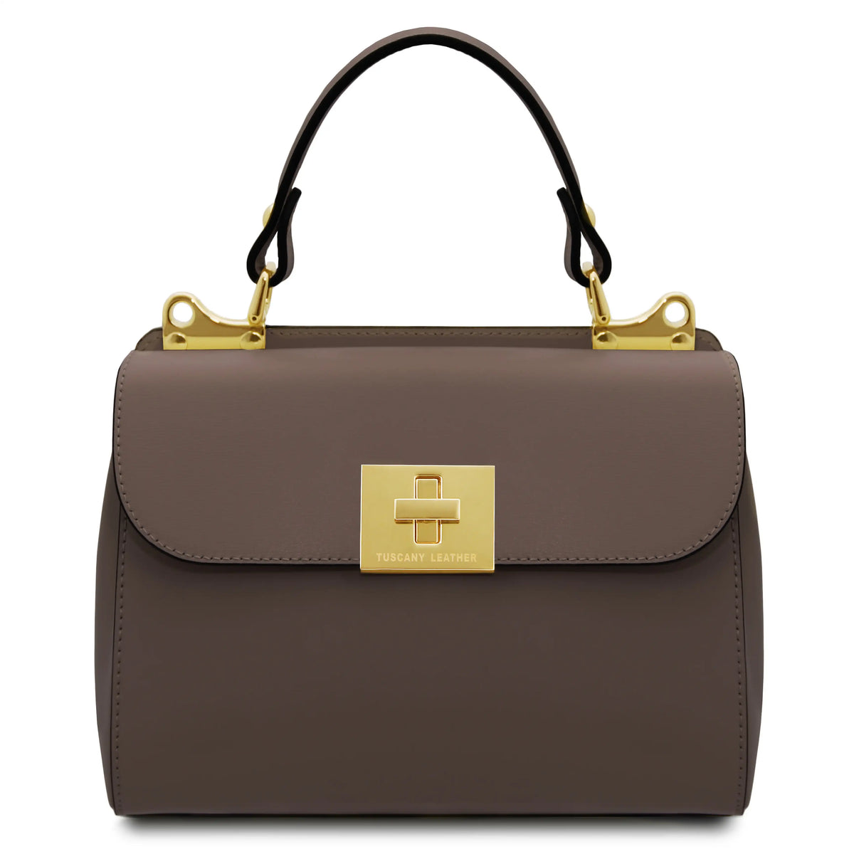 Front view Armonia Italian Leather Handbag  in dark taupe