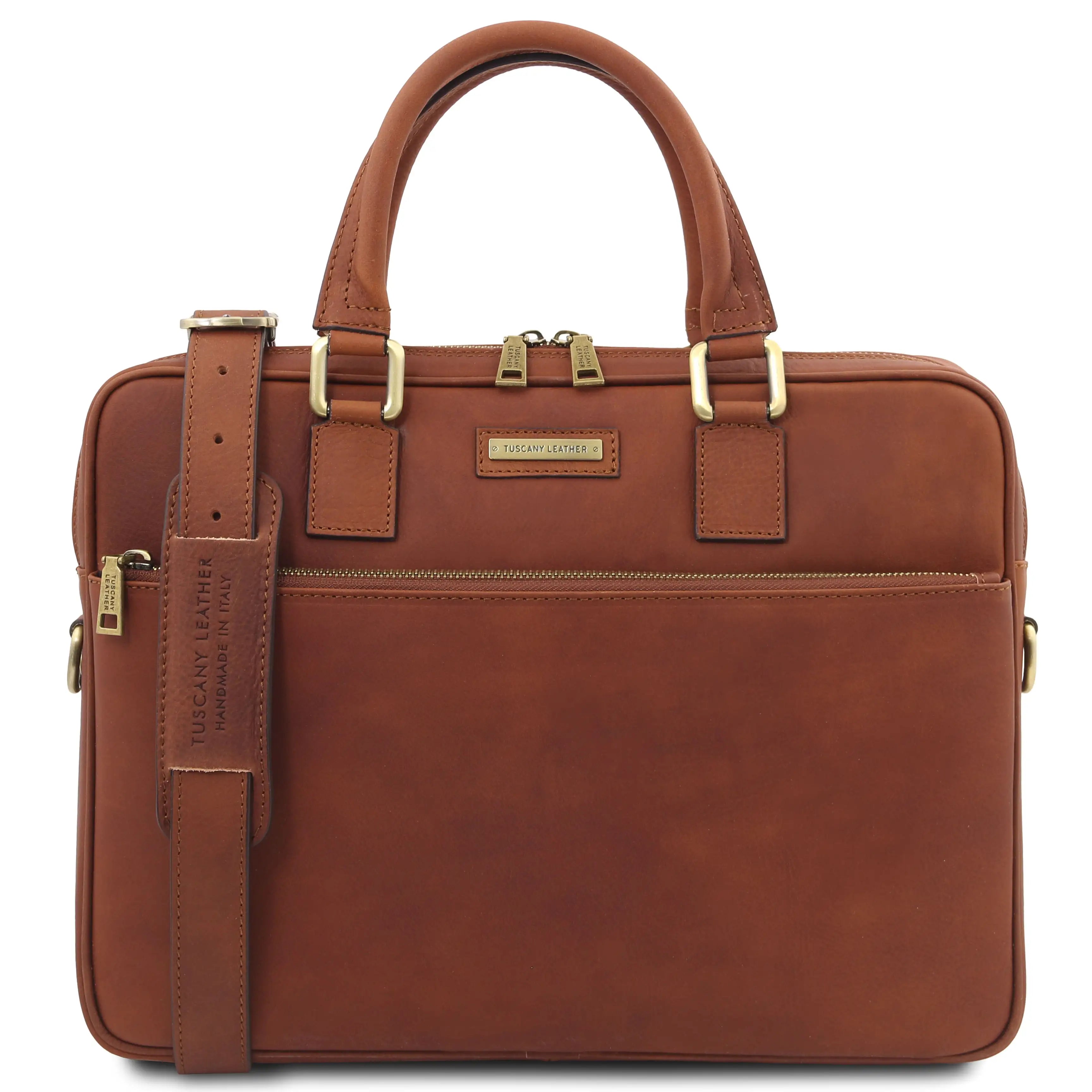 Front view Ferrara Leather Laptop Briefcase in brown on a white background 