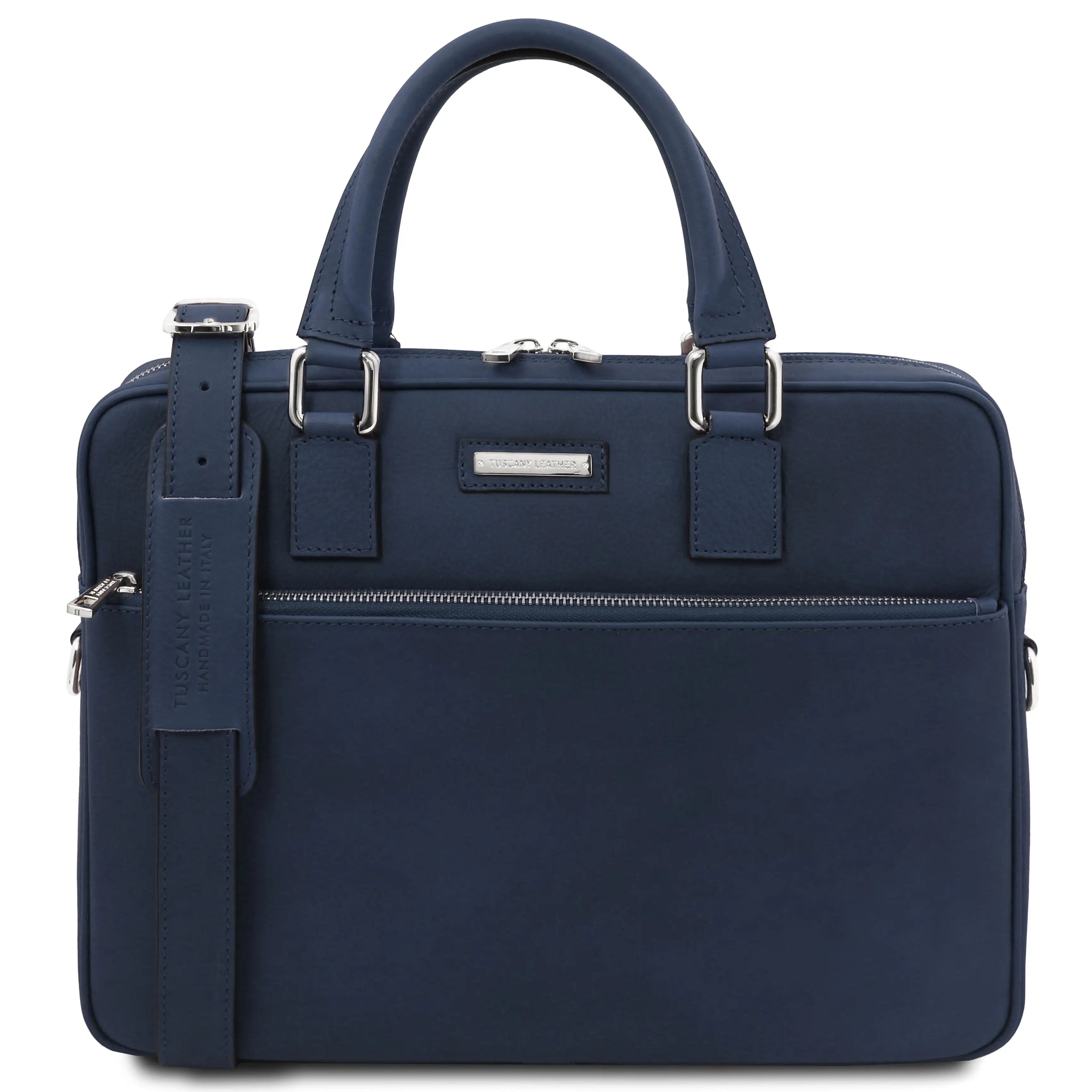 Front view Ferrara Leather Laptop Briefcase in dark blue on a white background 