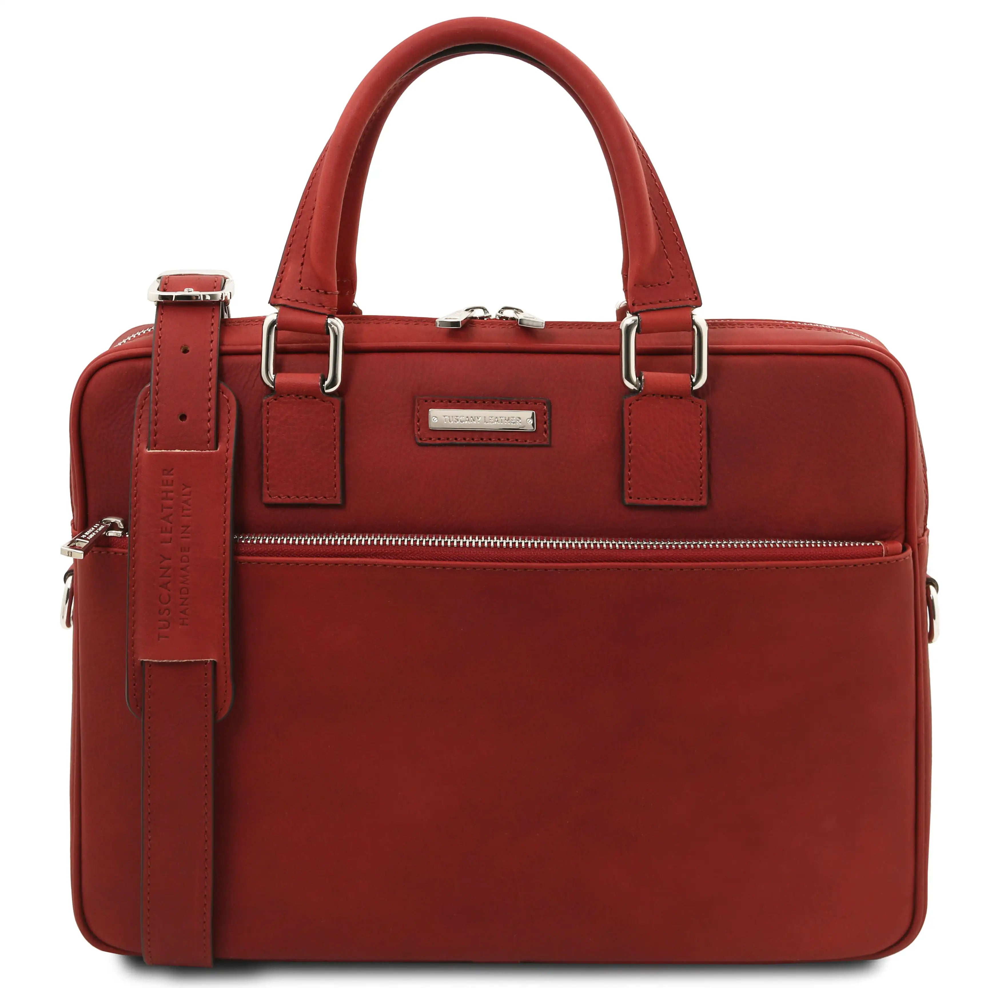 Front view Ferrara Leather Laptop Briefcase in red on a white background 