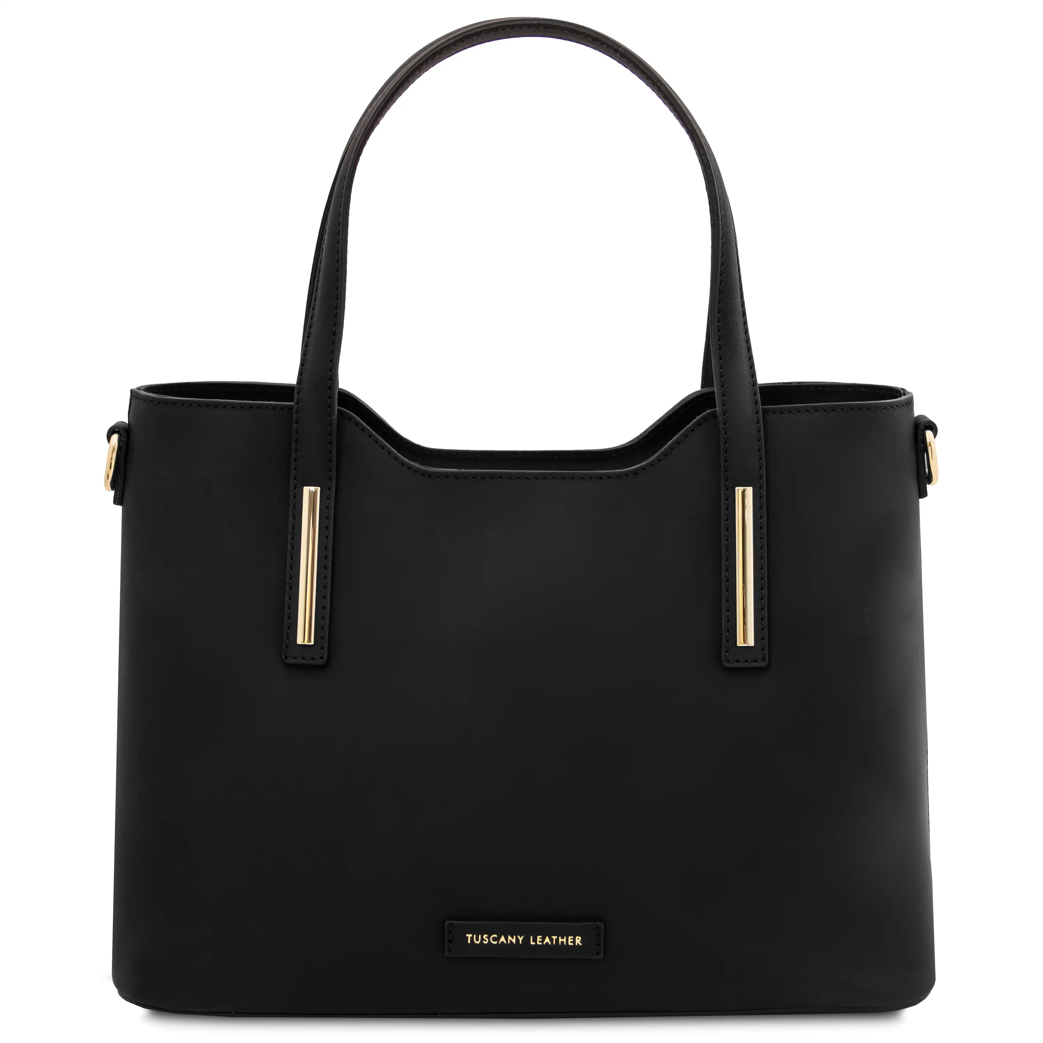 Front view Olimpia Leather Tote Bag in Black with gold accents on handles on white background