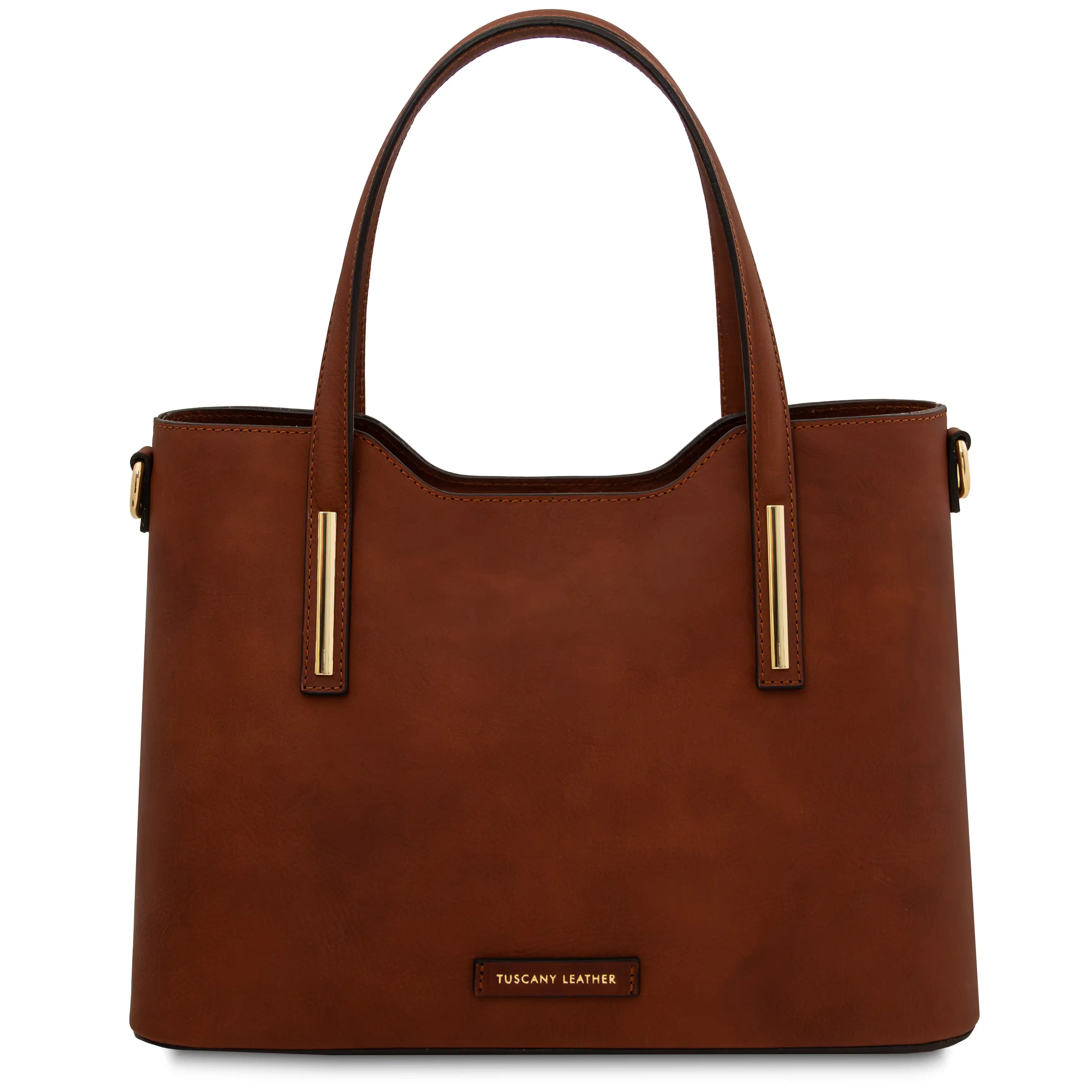 Front view Olimpia Leather Tote Bag in Brown with gold accents on handles on white background