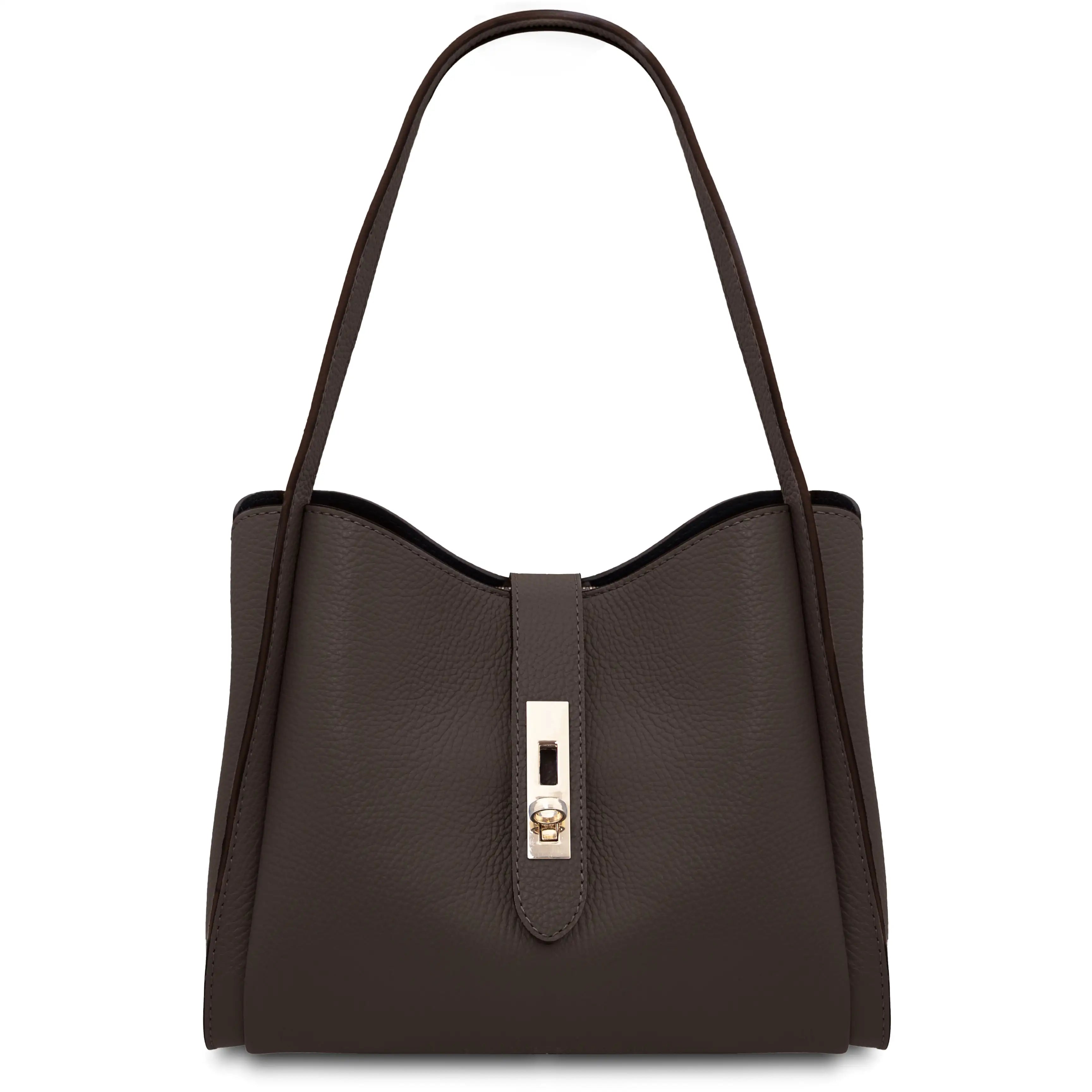 A dark brown pebbled leather handbag with a single shoulder strap and a vertical front strap closure featuring a gold-tone turn-lock clasp, 