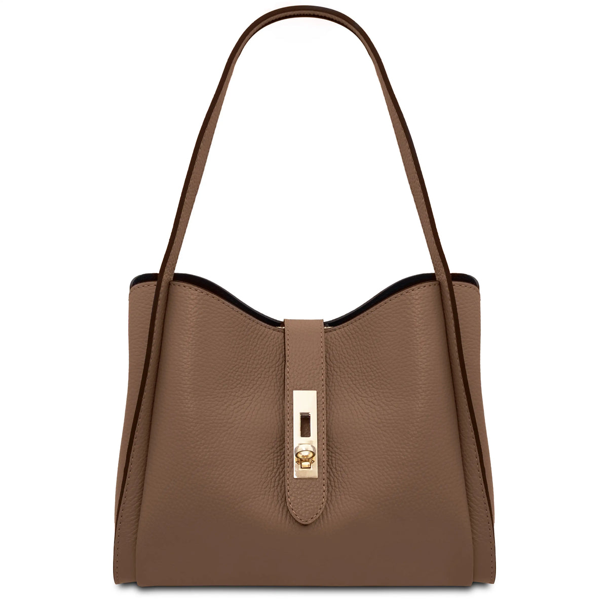 A dark taupe pebbled leather bag with a gold-tone turn-lock closure on the front flap and a black interior lining, shown against a plain white background.