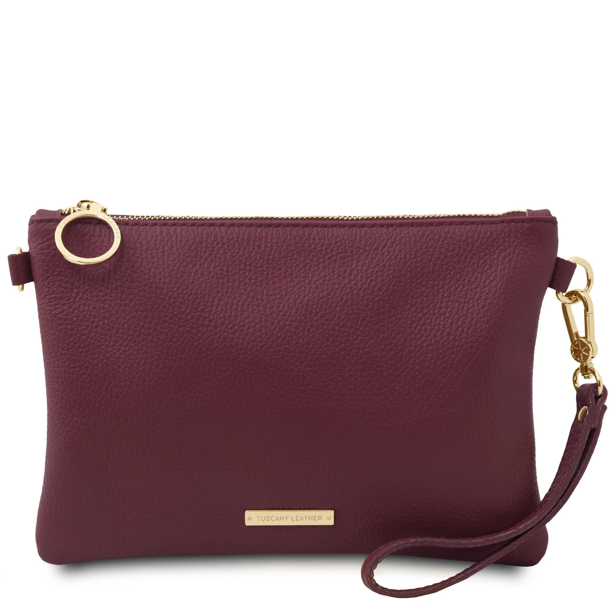 Front view Soft Leather Clutch in Bordeaux with hand strap