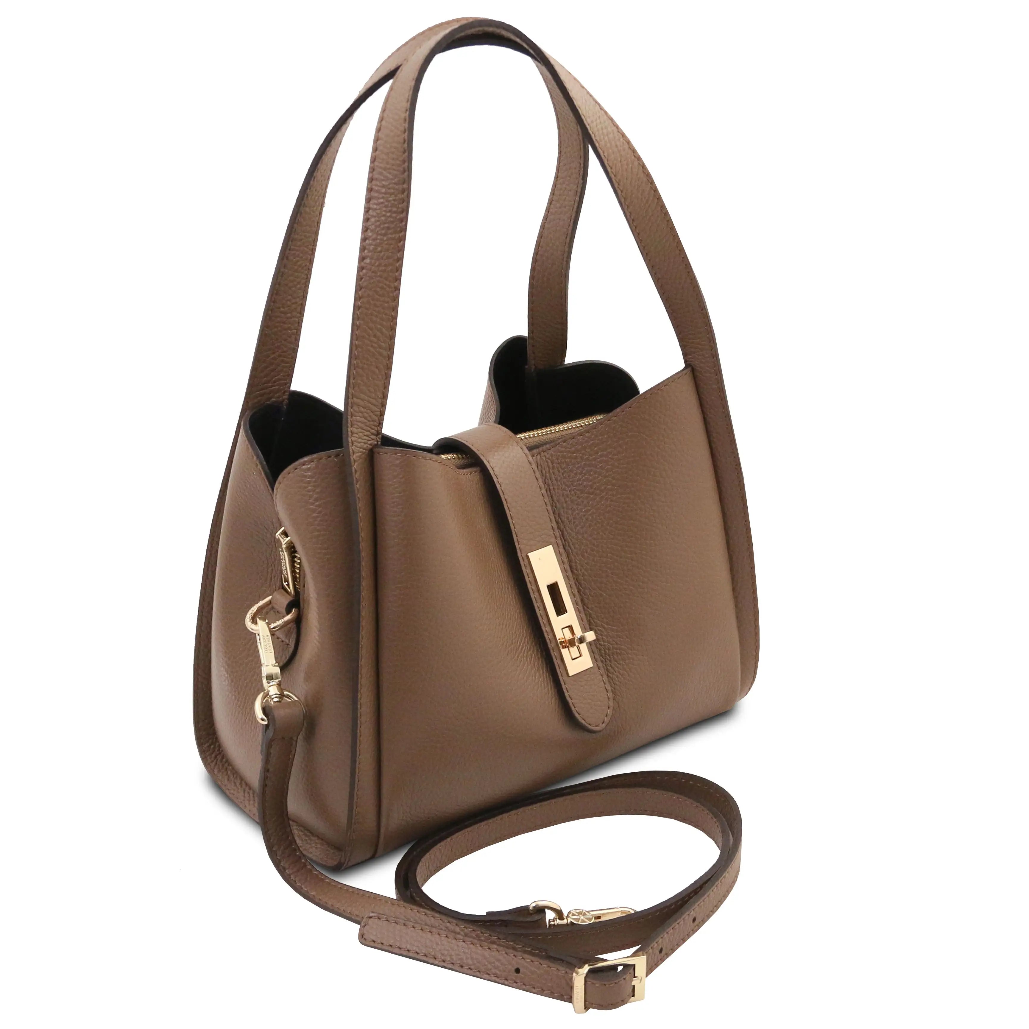 A dark taupe pebbled leather handbag with gold-tone hardware, featuring dual top handles and a detachable shoulder strap, shown on a plain white background.
