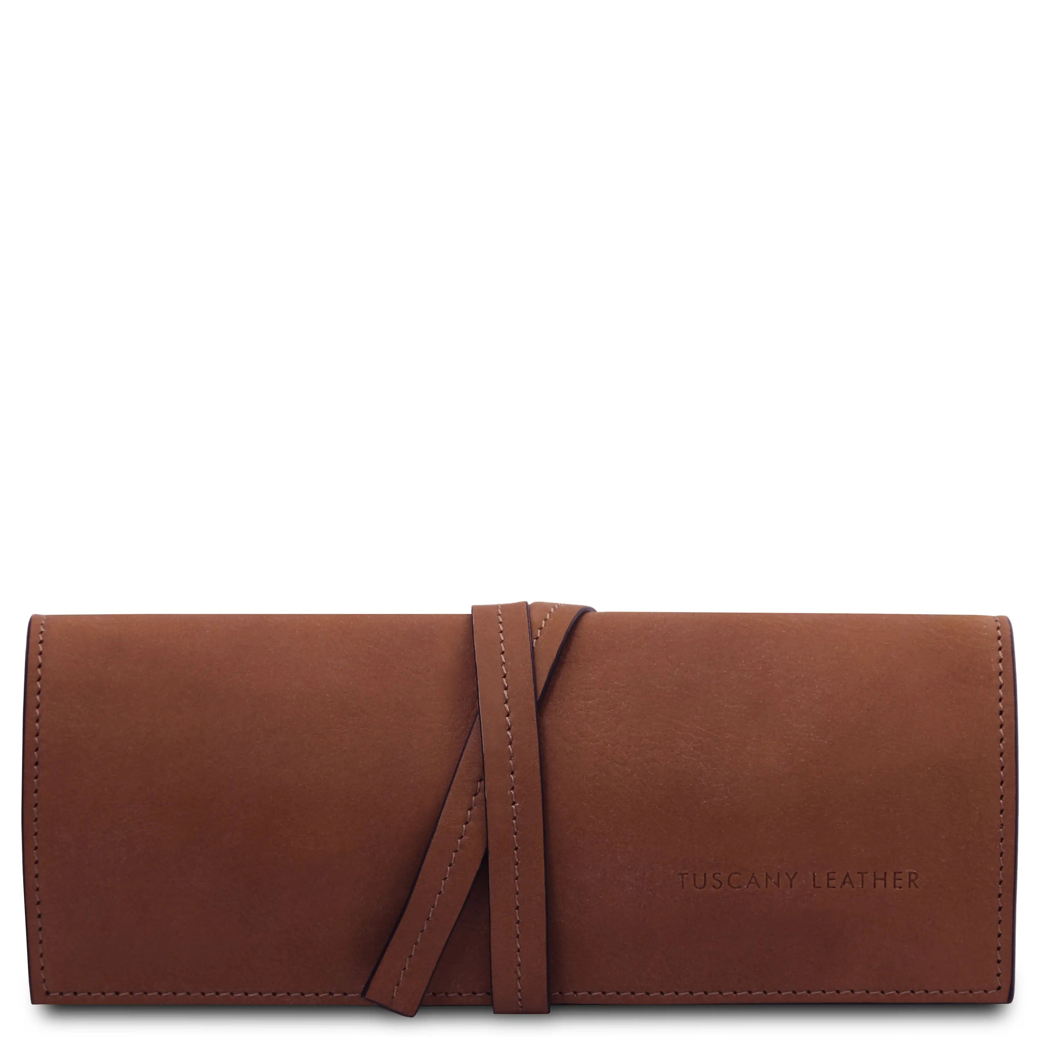Front wrapped tie closure view Italian Leather Jewelry Case in brown.webp