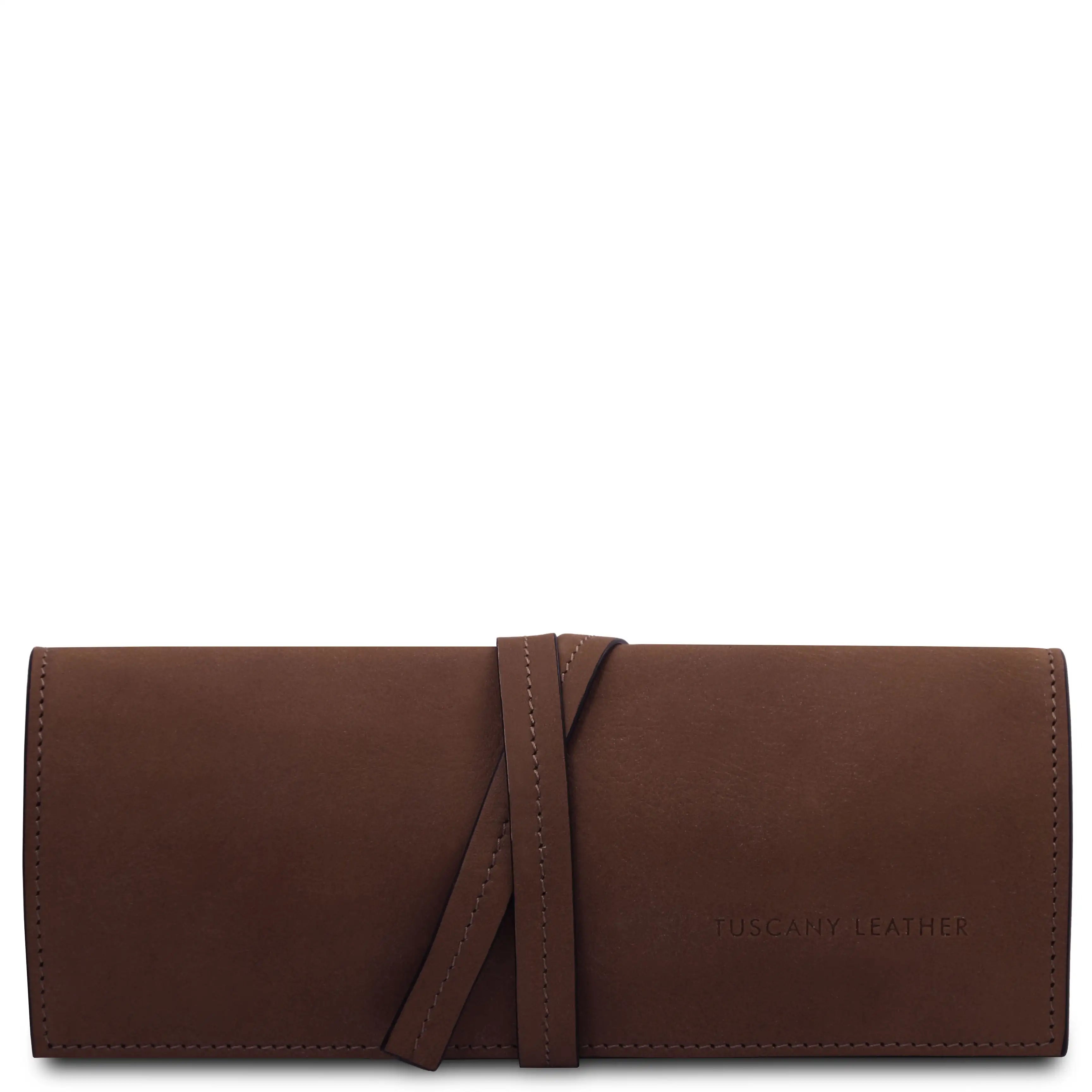 Front wrapped tie closure view Structured Italian Leather Jewelry Case in brown