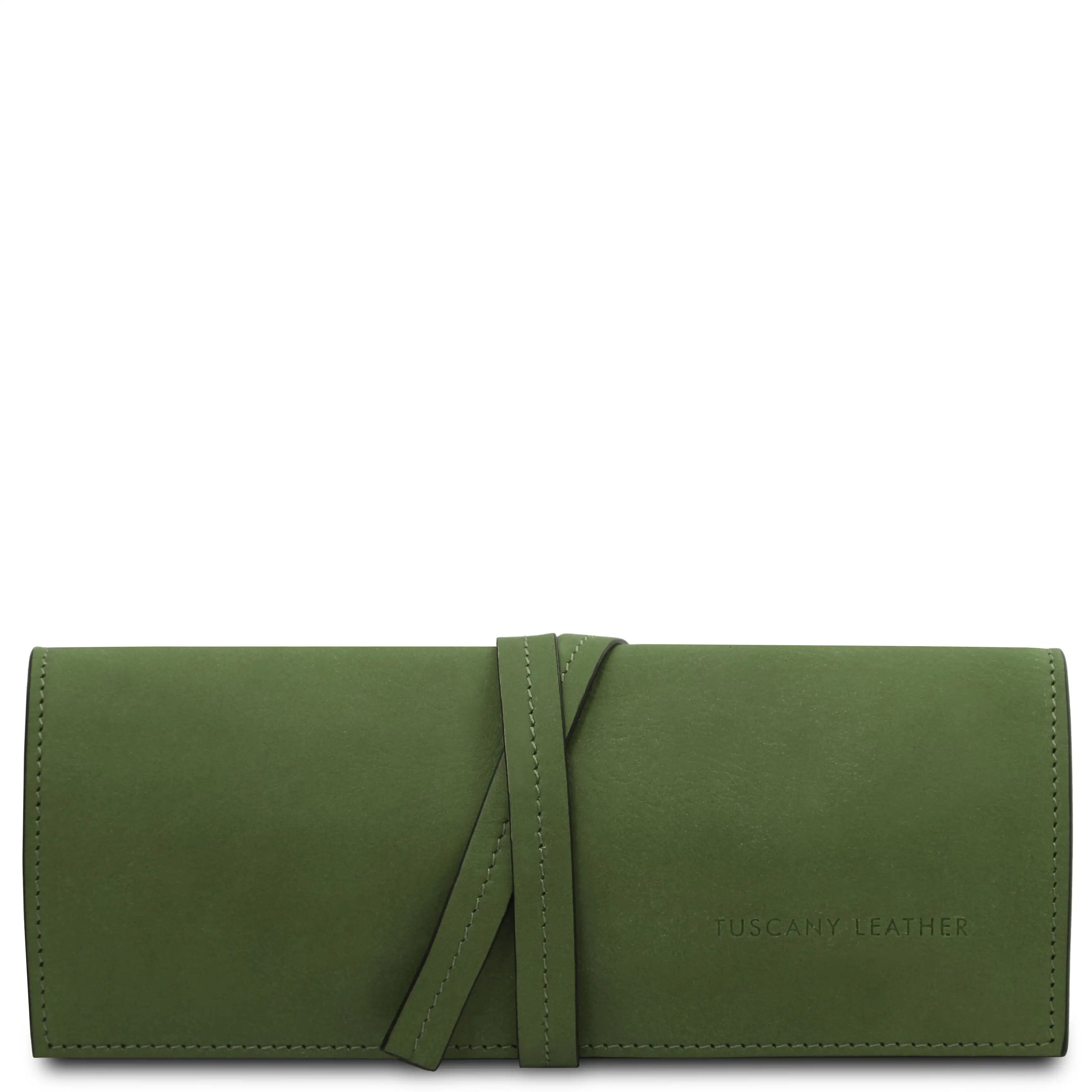 Front wrapped tie closure view Structured Italian Leather Jewelry Case in green