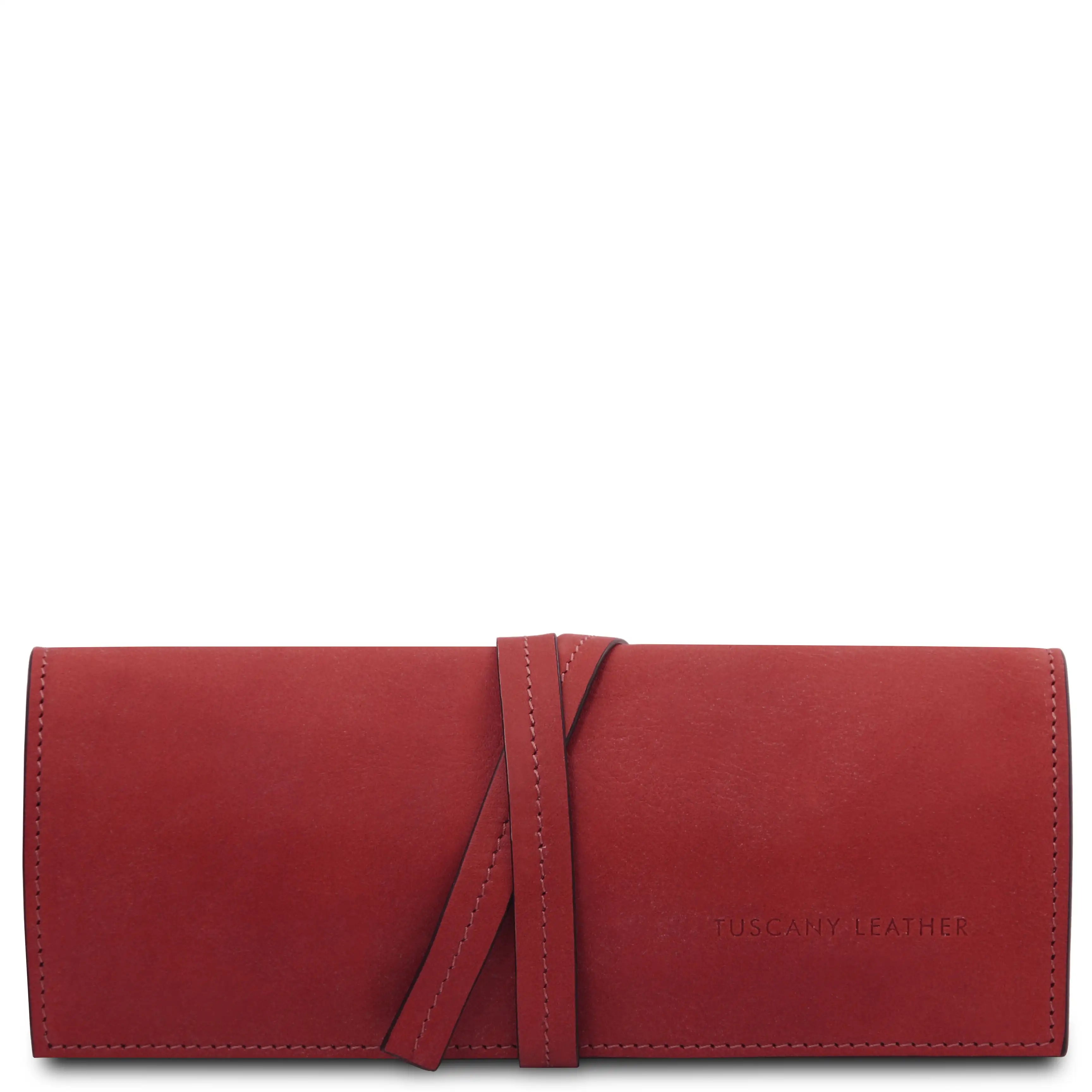 Front wrapped tie closure view Structured Italian Leather Jewelry Case in red