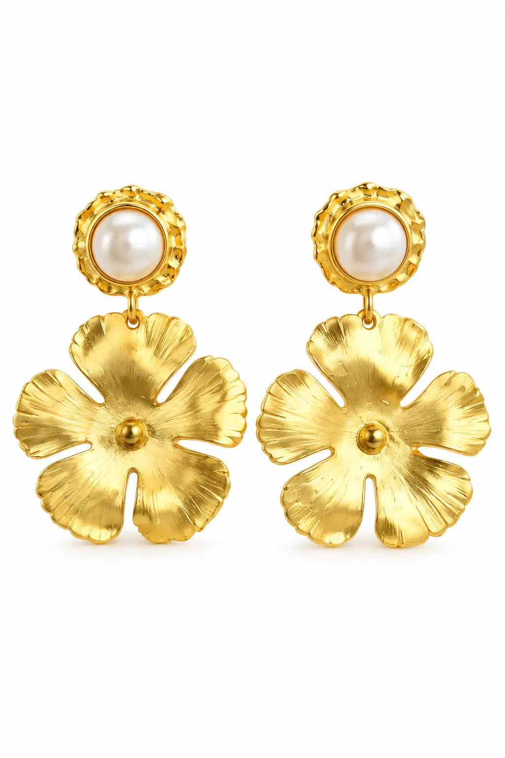 A pair of gold dangle earrings featuring a textured five-petal flower drop and a round white freshwater pearl stud at the top, set against a plain white background.