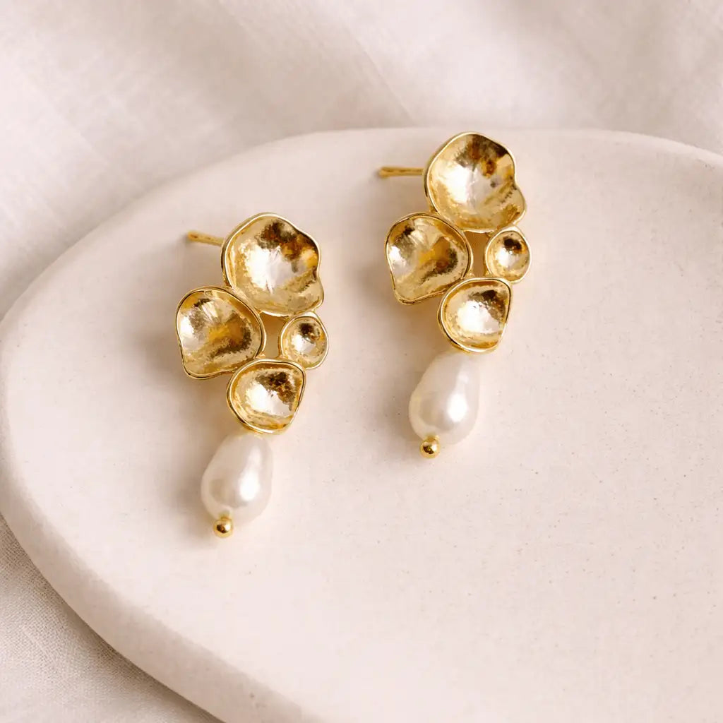 Golden Petal Freshwater Pearl Drop Earrings | 18K Gold Plated