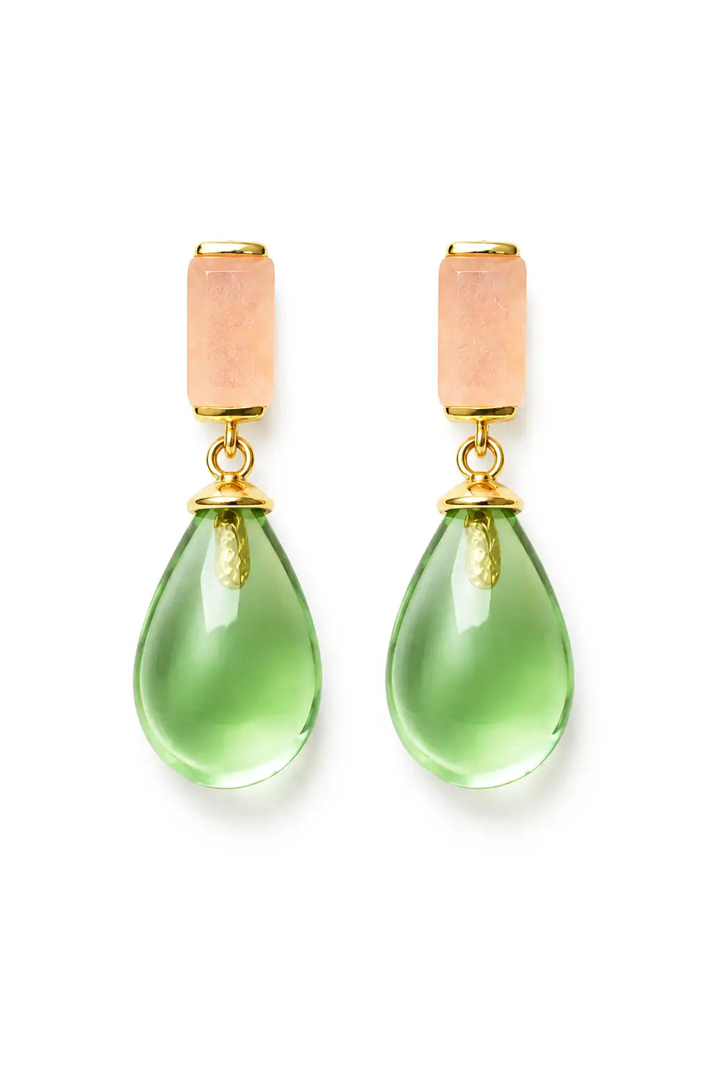 Gracelyn Drop Peach Moonstone & Green Quartz Earrings on a white background