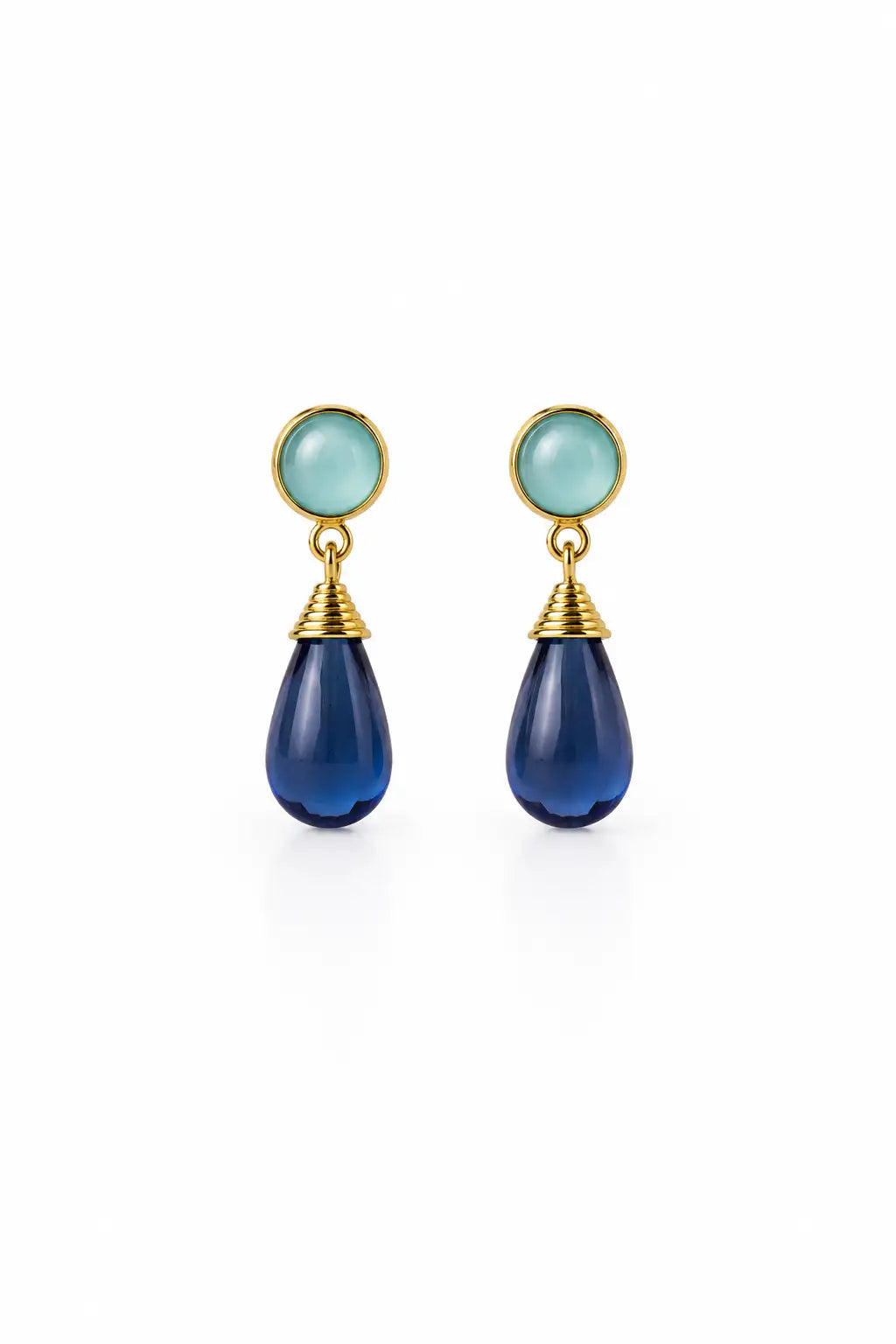 Nevaeh Drop Earrings Aqua Chalcedony & Blue Iolite with 18K gold accents on a white background