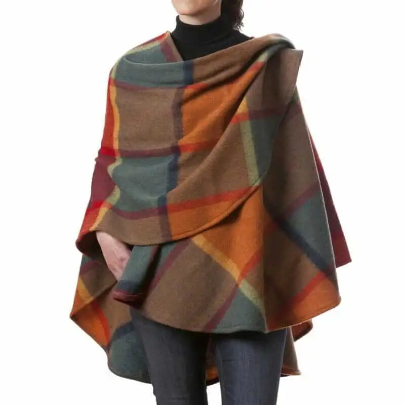 Harlequin Melange Ruana Wrap | 100% Brushed Lambswool on a model standing in front of a  white background
