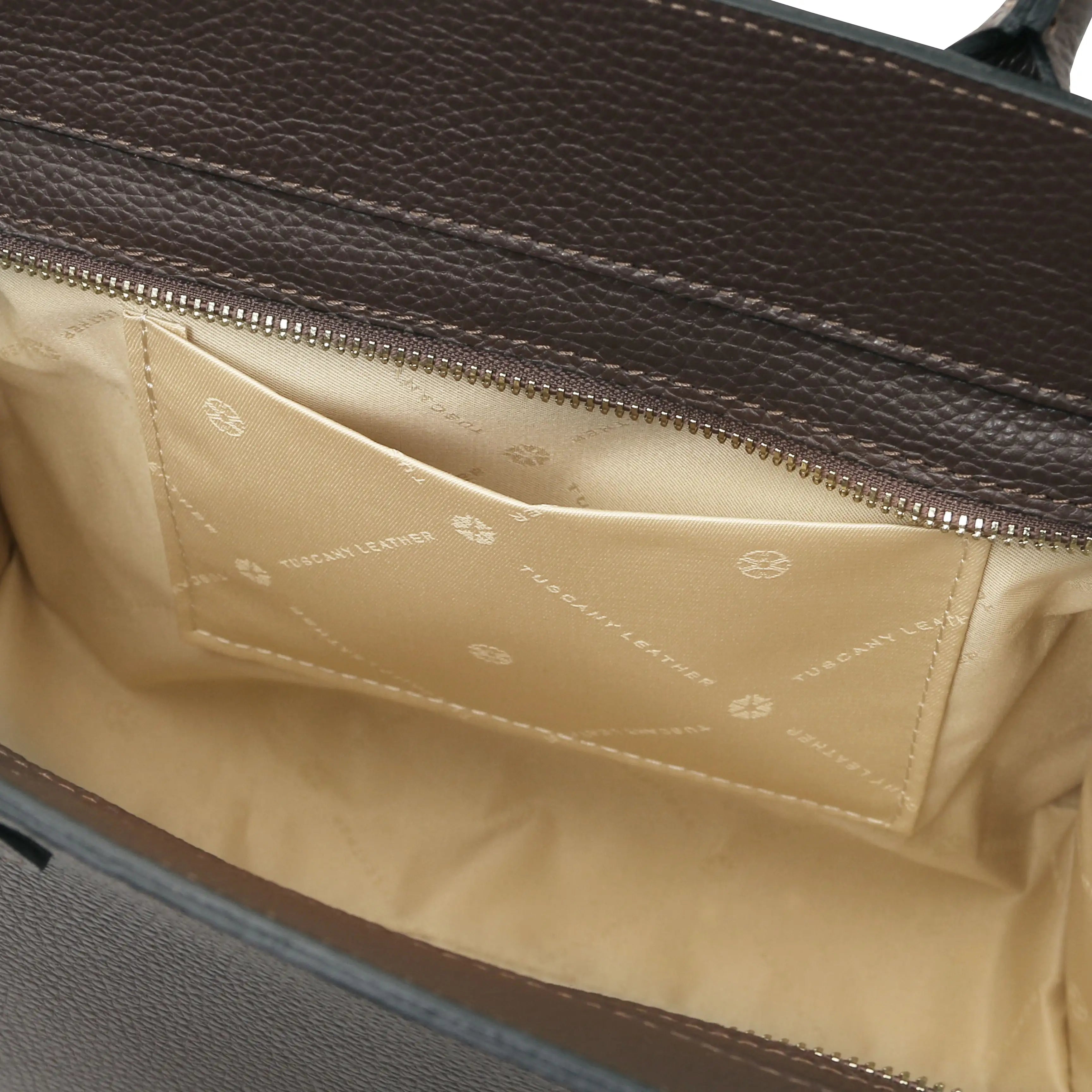 Interior Open Pocket View Origami Leather Tote in Chocolate