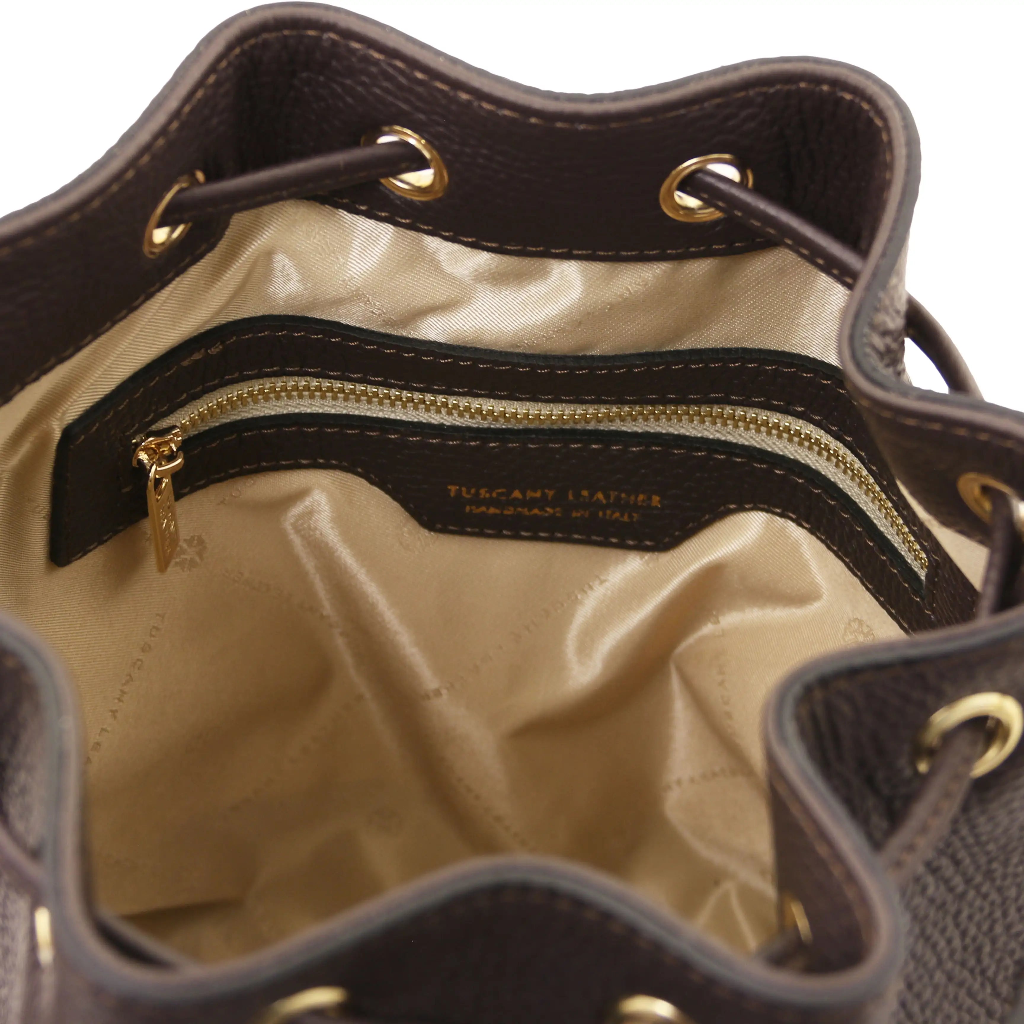 InteriorZip Pocket View TL Leather Bucket Bag Chocolate Beige Lining