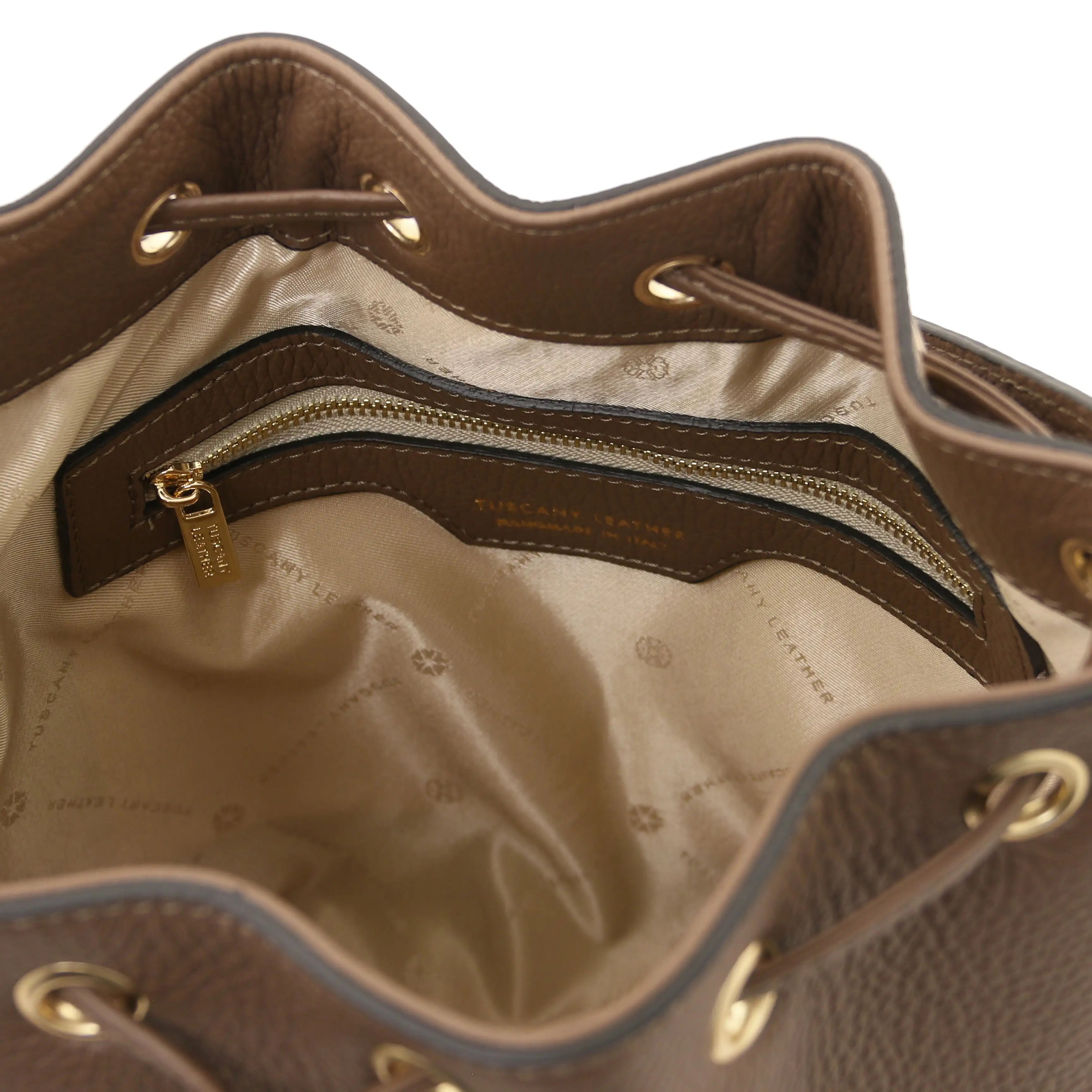 Interior Zip Pocket View TL Leather Bucket Bag Dark Taupe with beige lining