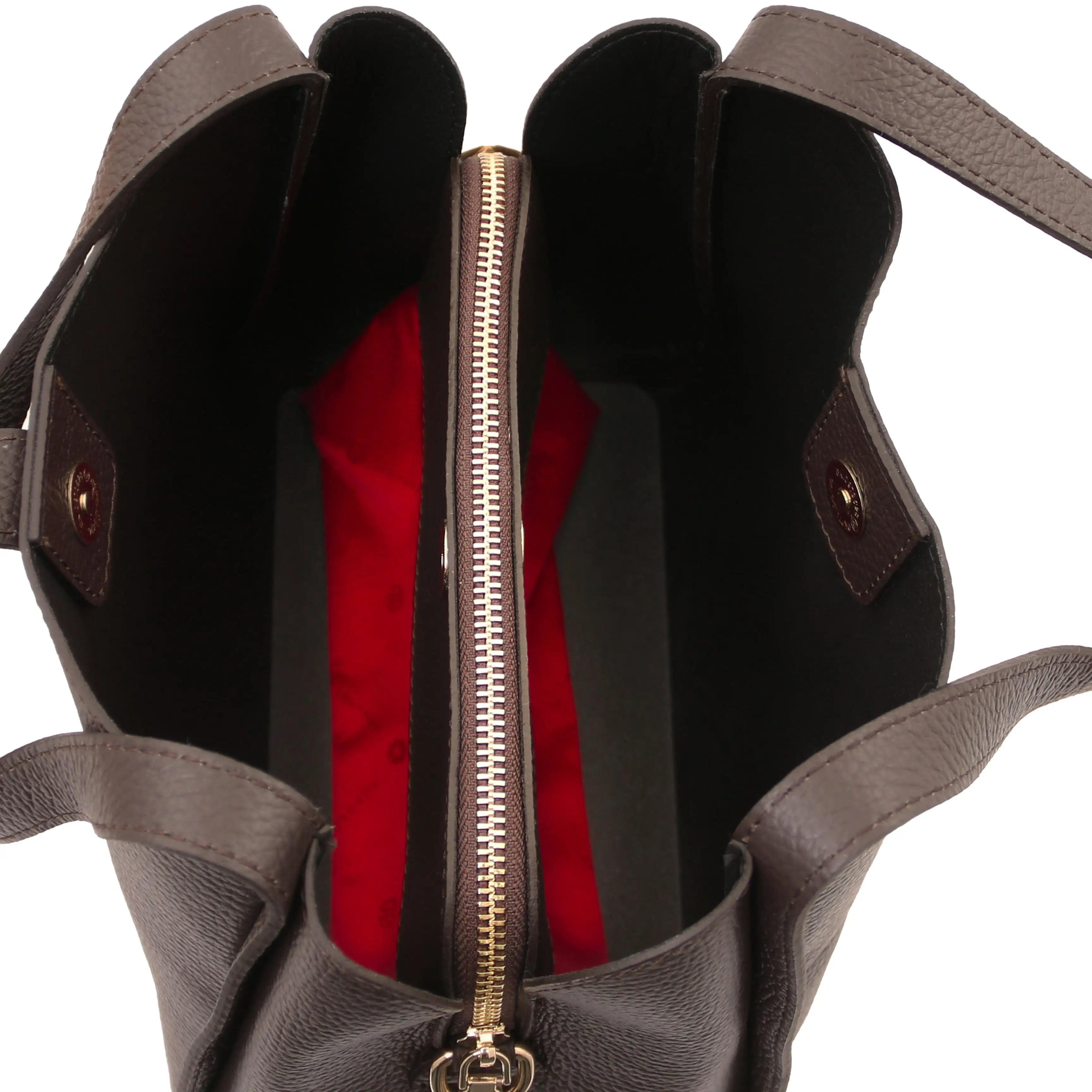 Close-up of a dark brown leather tote bag shown open, revealing a bright red interior lining, double main compartments and a gold-tone zipper.