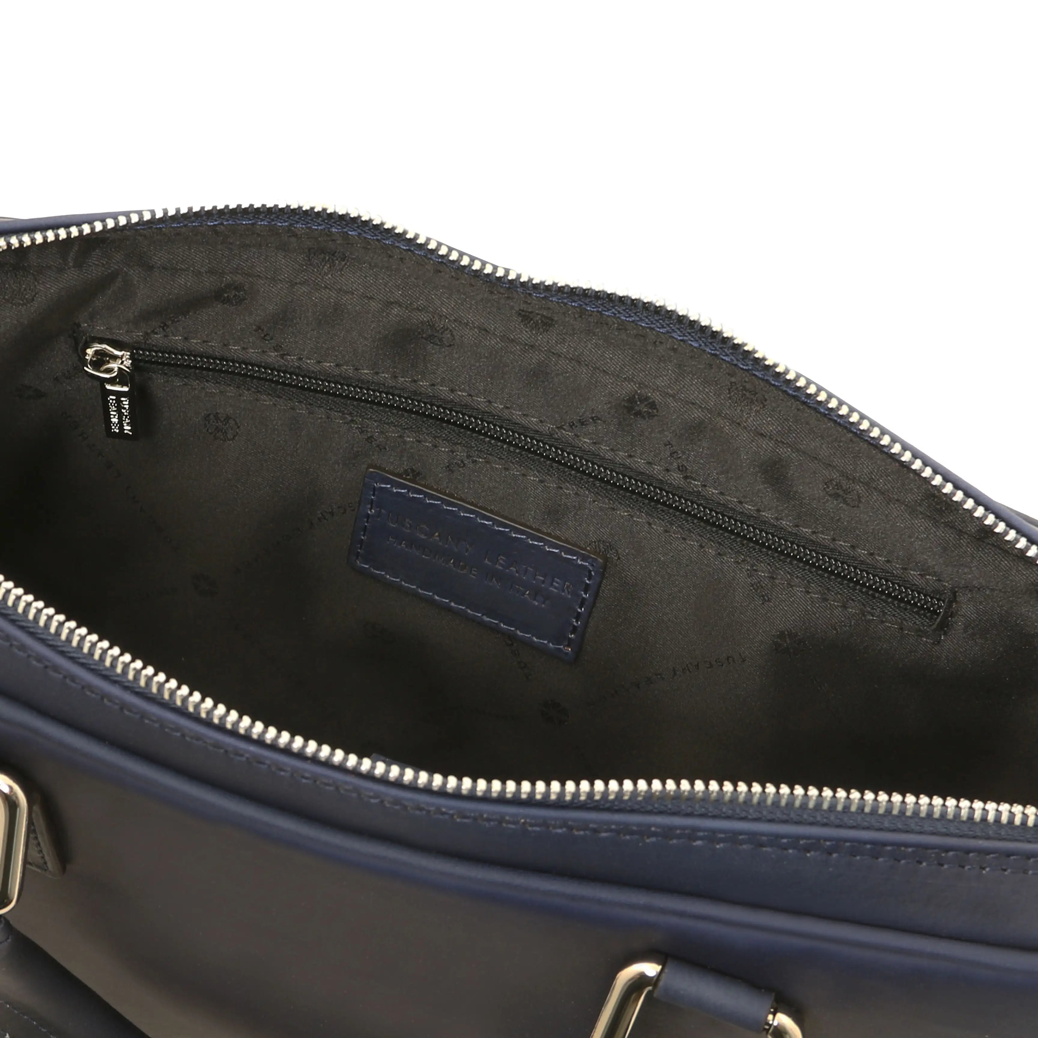Interior laptpp pocket view dark blue Ferrara Leather Laptop Briefcase on a white background