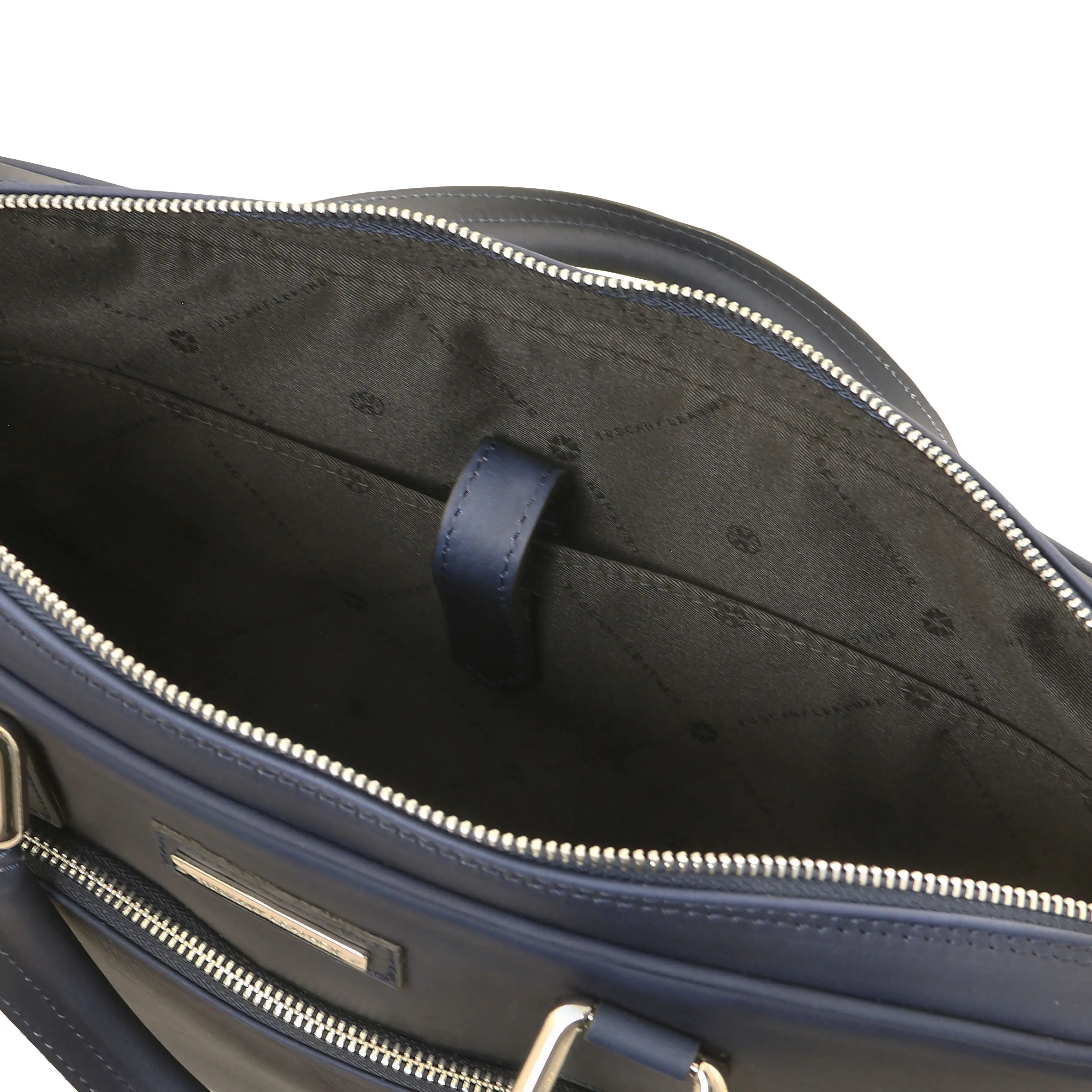 Interior laptpp pocket view dark blue Ferrara Leather Laptop Briefcase with black lining
