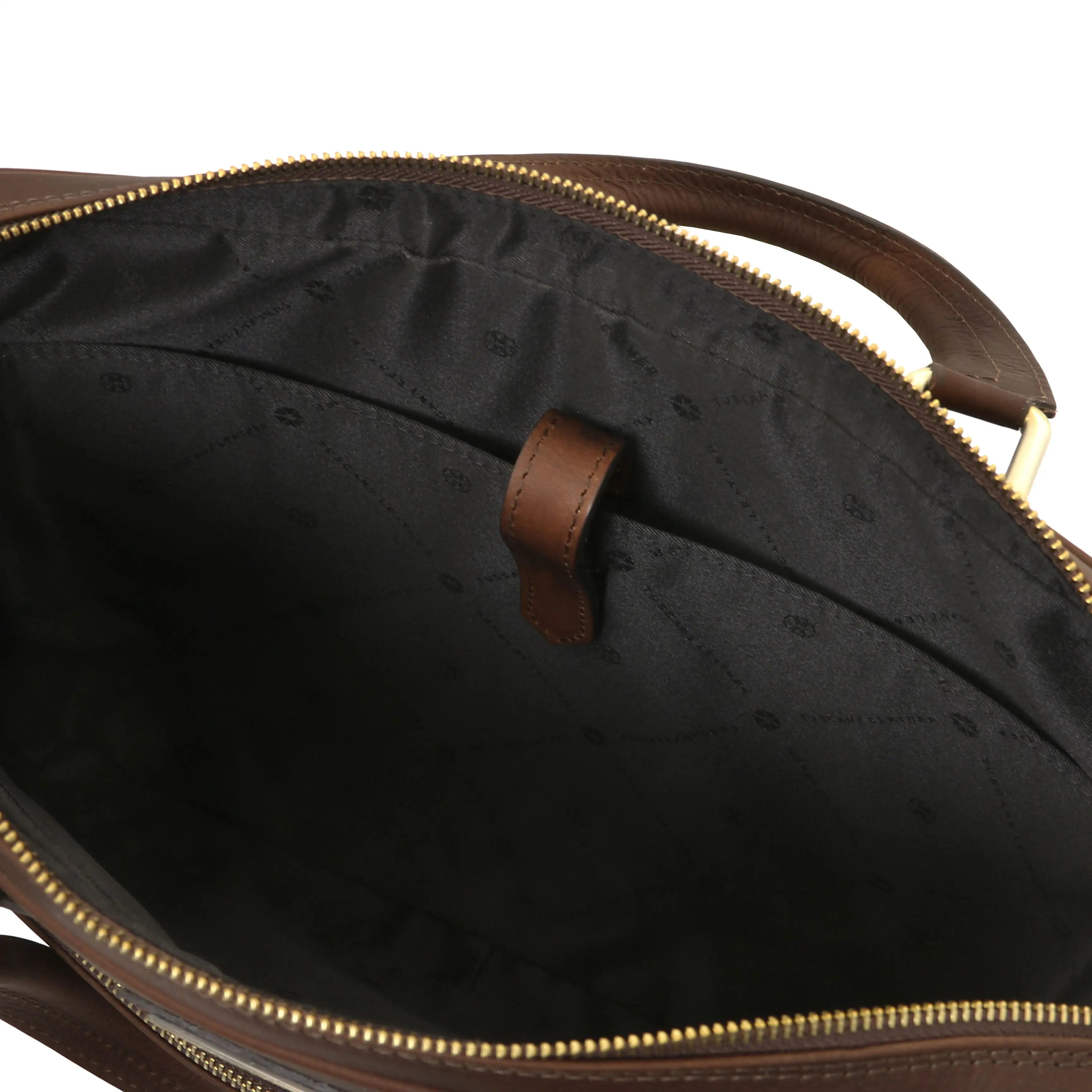 Interior laptpp pocket view dark brown Ferrara Leather Laptop Briefcase with black lining