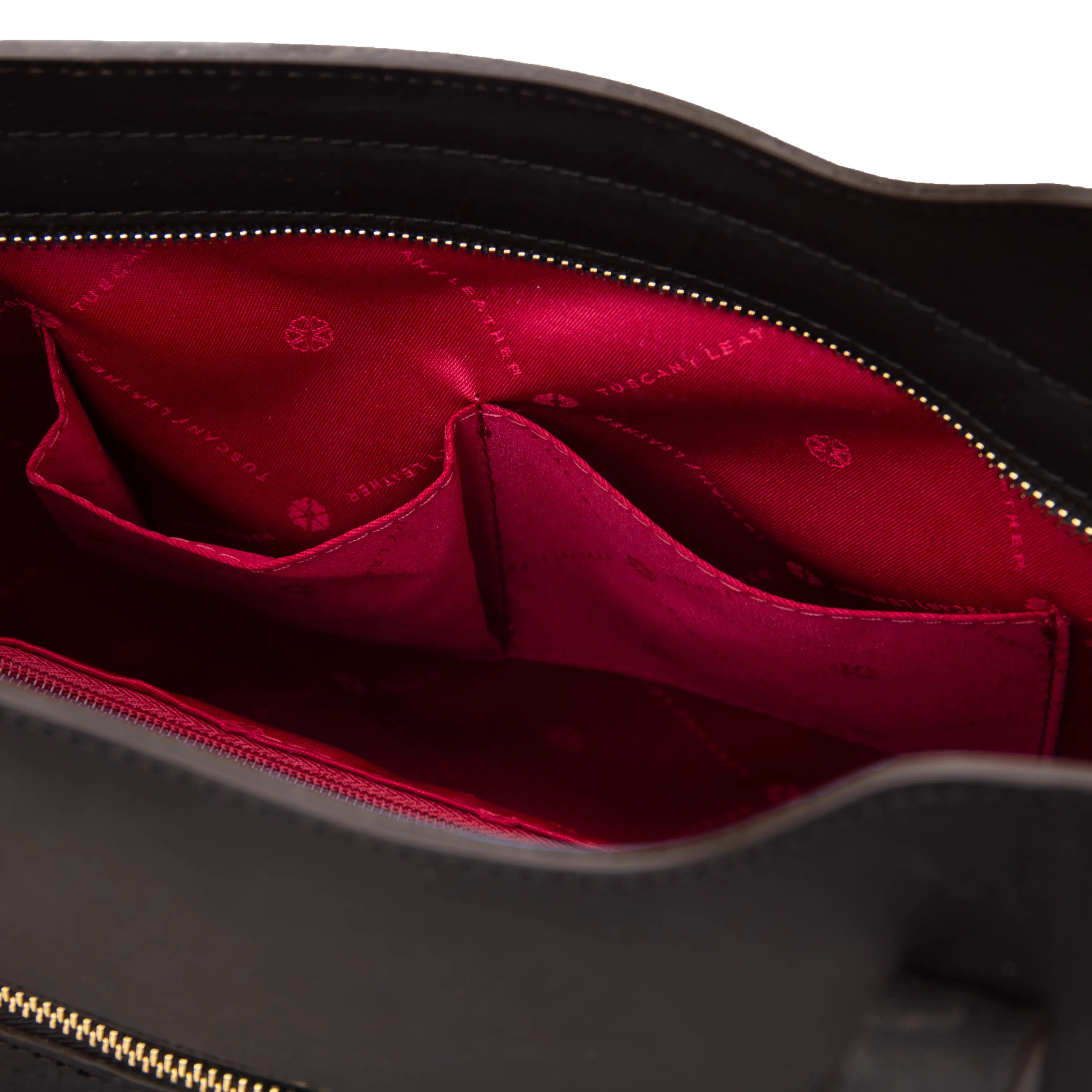 Interior open pockets red lining view Olimpia Leather Tote Bag in Black