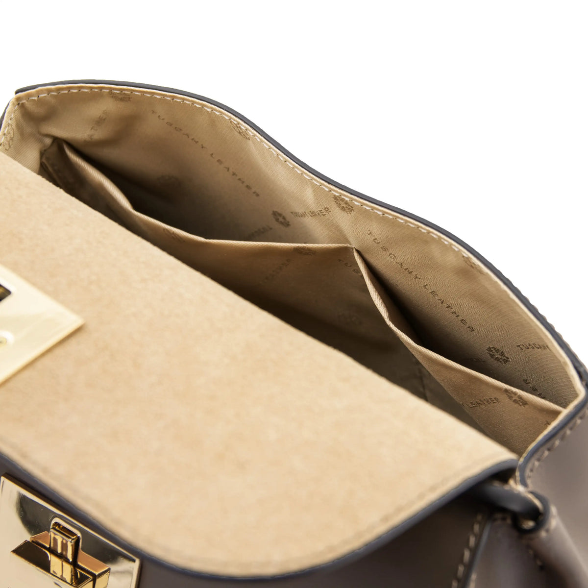 Interior open pocket view Armonia Italian Leather Handbag  in dark taupe with beige lining