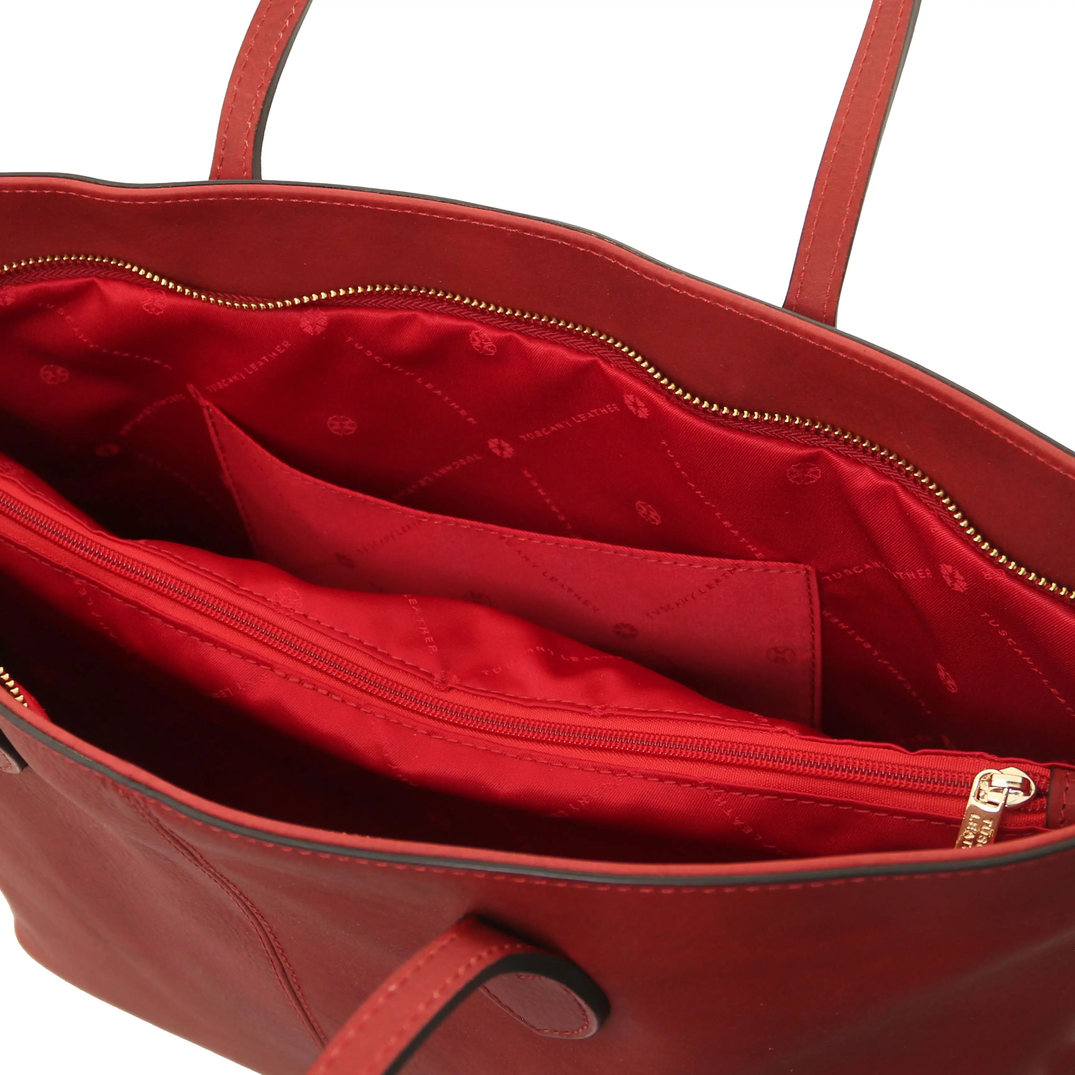 Interior open pocket red lining view Red Essenza Shoulder Bag.