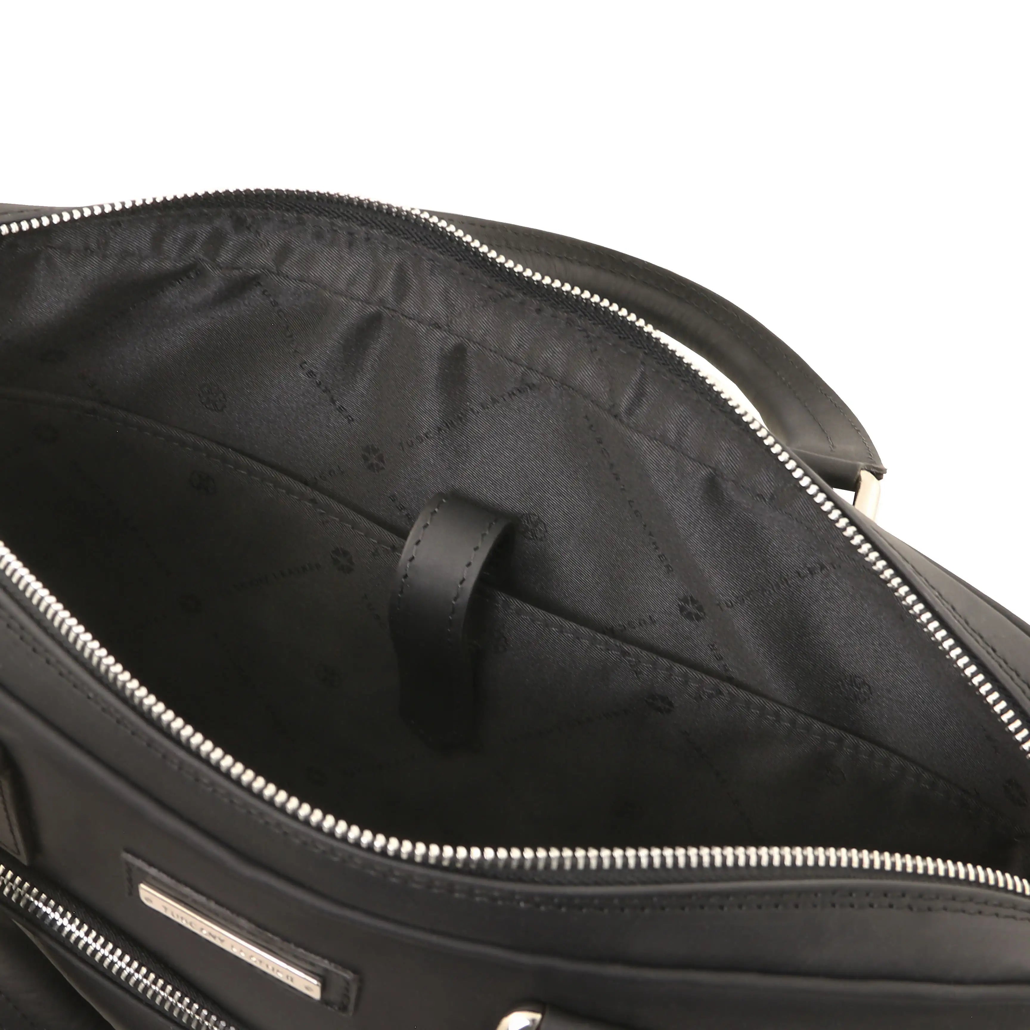 Black leather bag with a laptop compartment and black lining on a white background