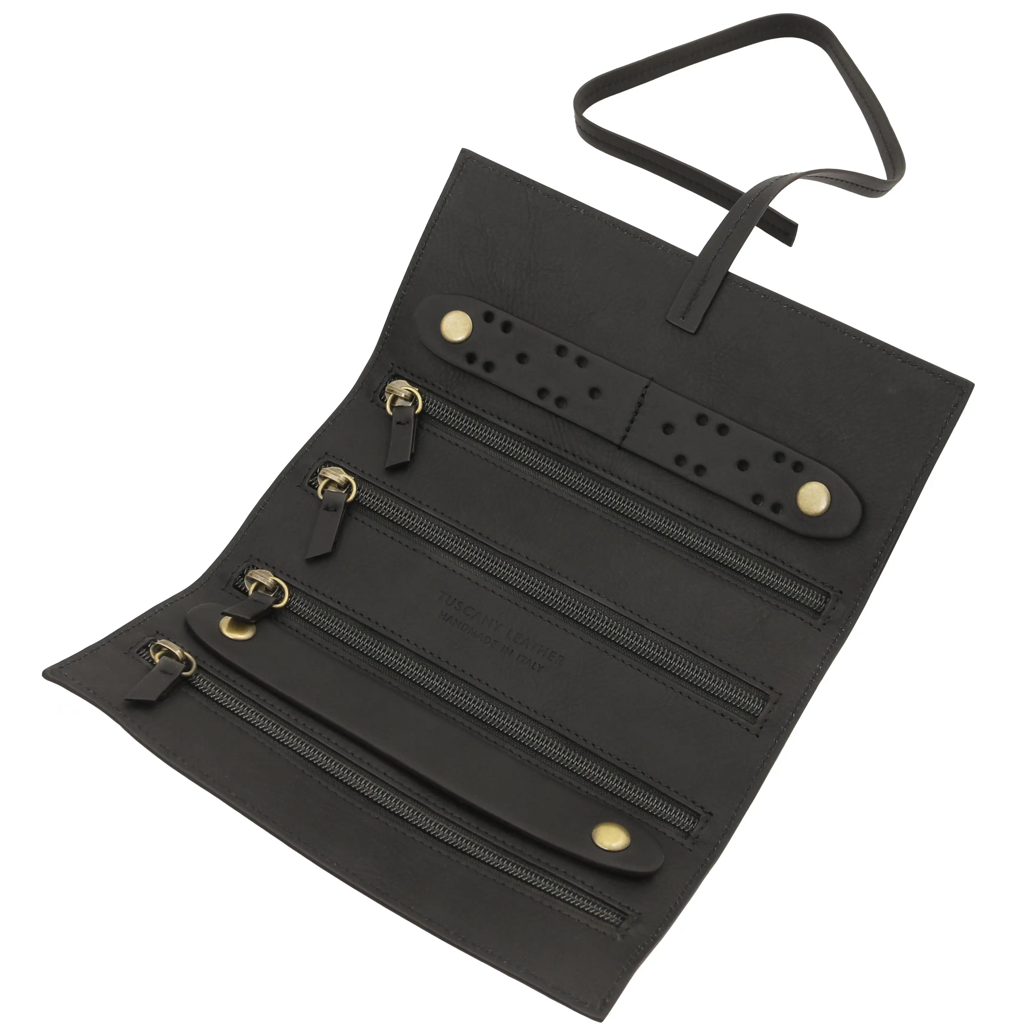Interior view Structured Italian Leather Jewelry Case in black with black zippers 