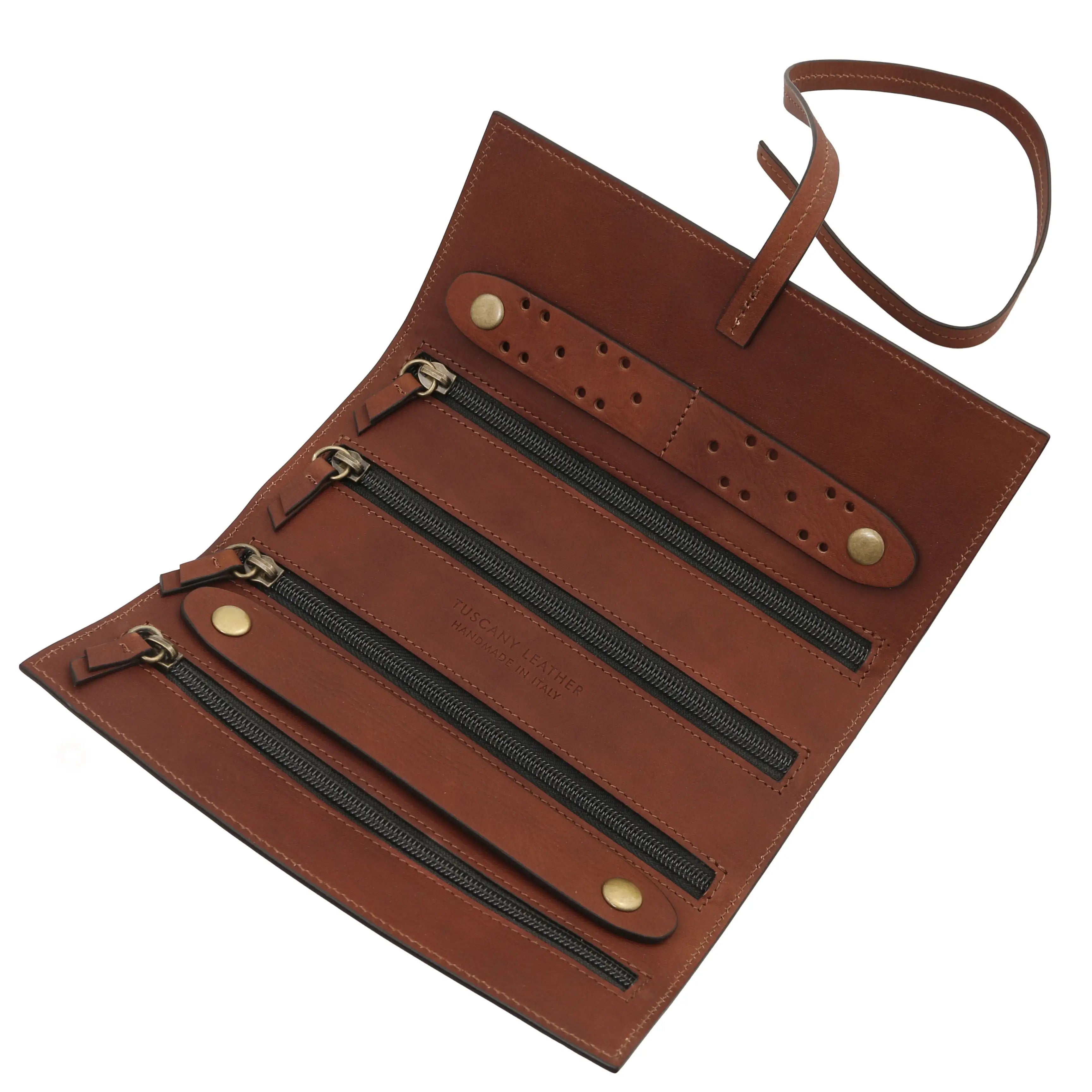 Interior view Structured Italian Leather Jewelry Case in brown with black zippers 