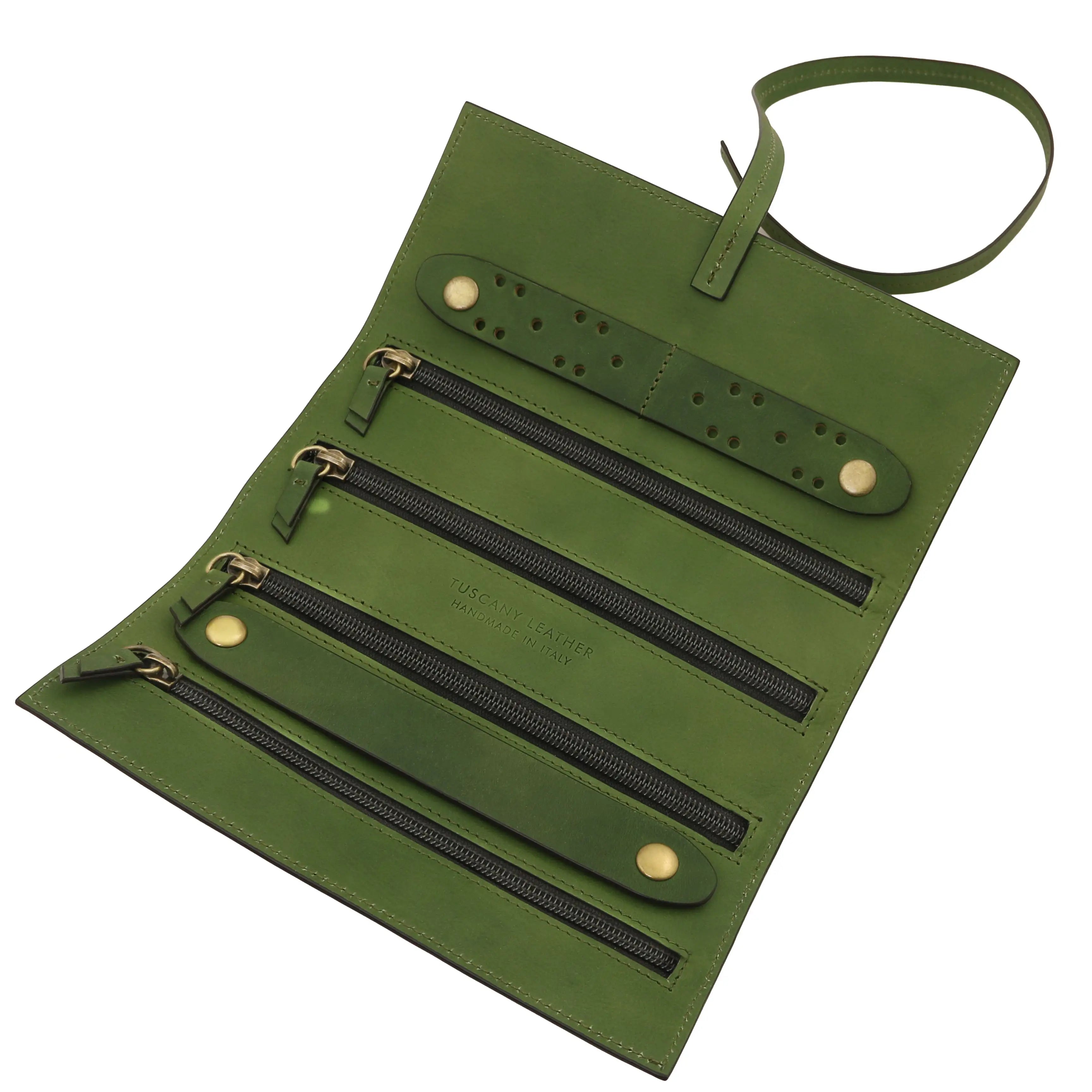 Interior view Structured Italian Leather Jewelry Case in green with black zippers 